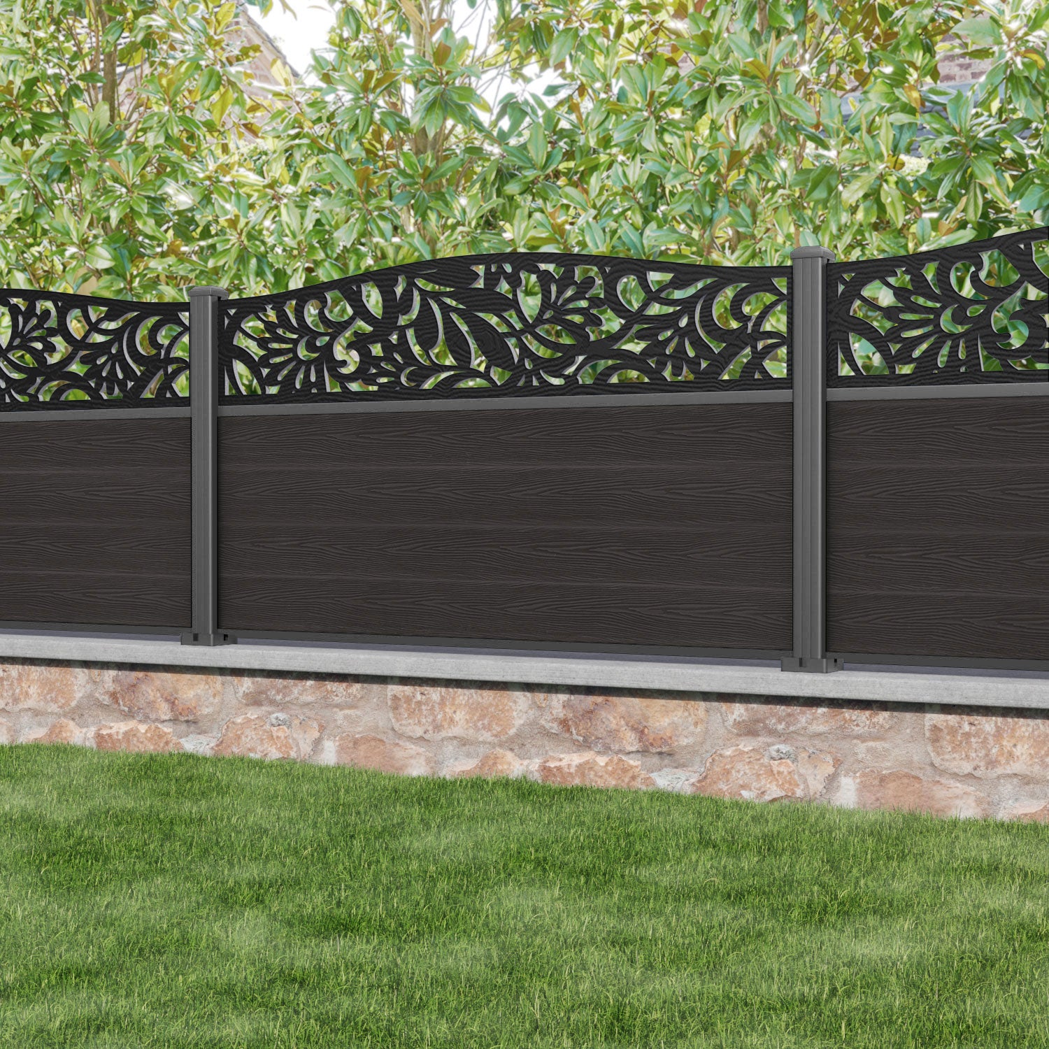 Classic Heritage Curved Top Fence Panel - Dark Oak - with our aluminium posts