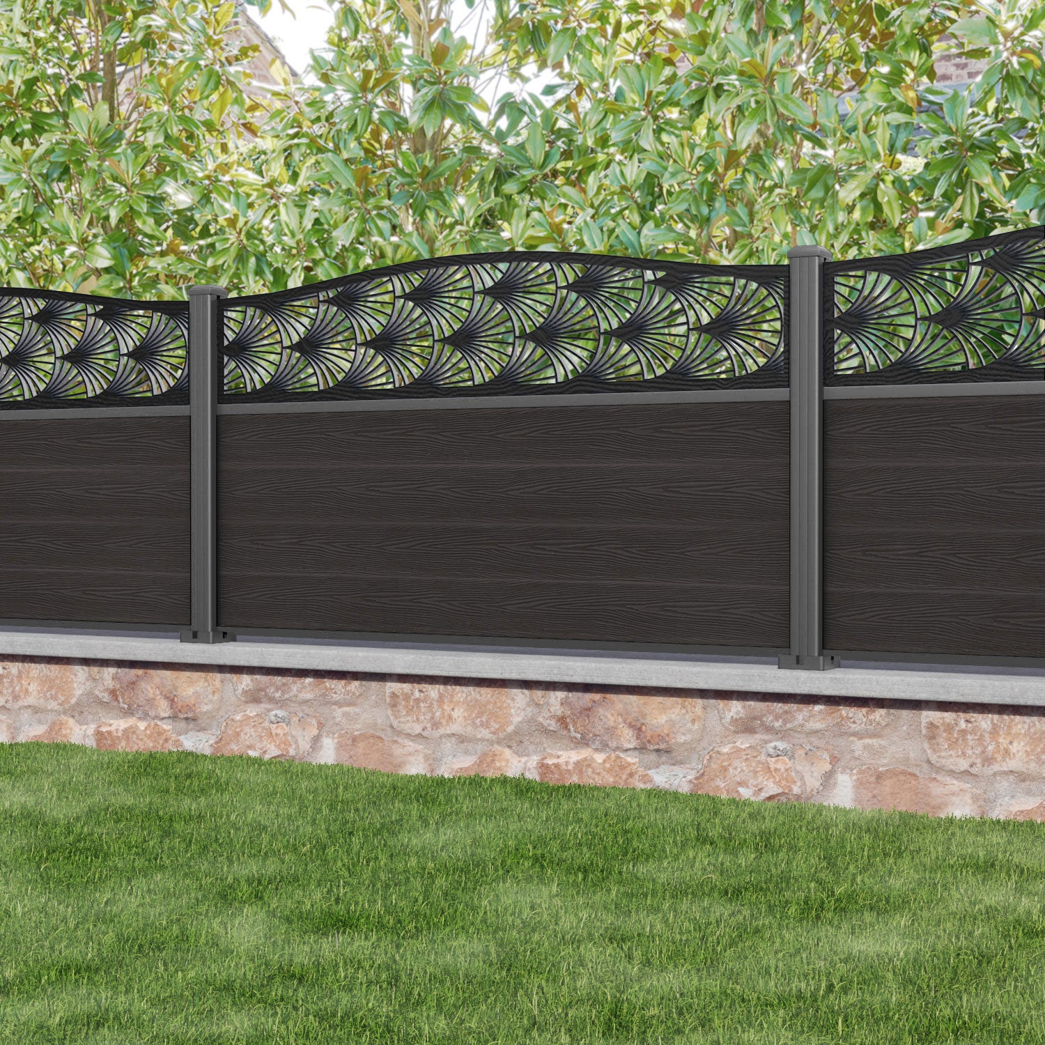 Classic Laurel Curved Top Fence Panel - Dark Oak - with our aluminium posts