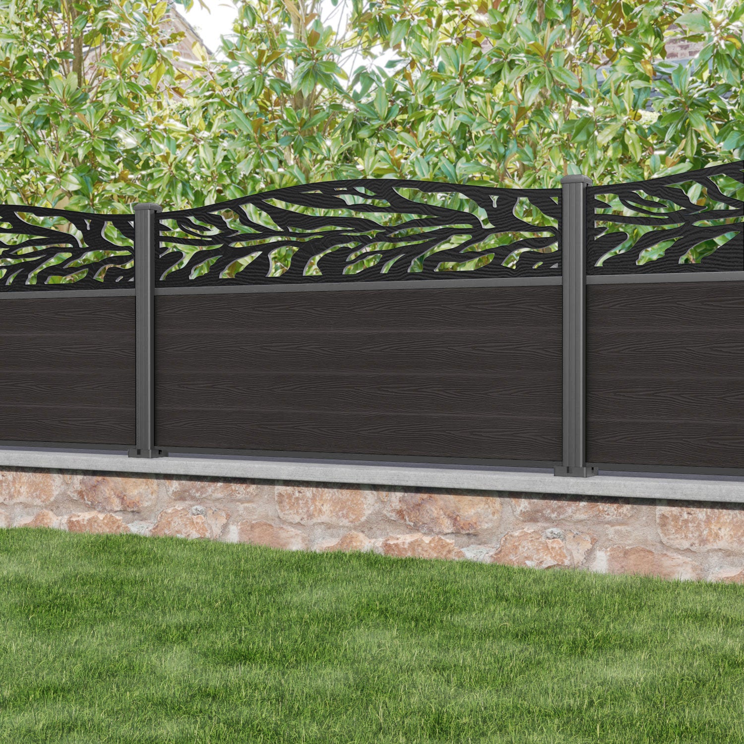 Classic Malawi Curved Top Fence Panel - Dark Oak - with our aluminium posts