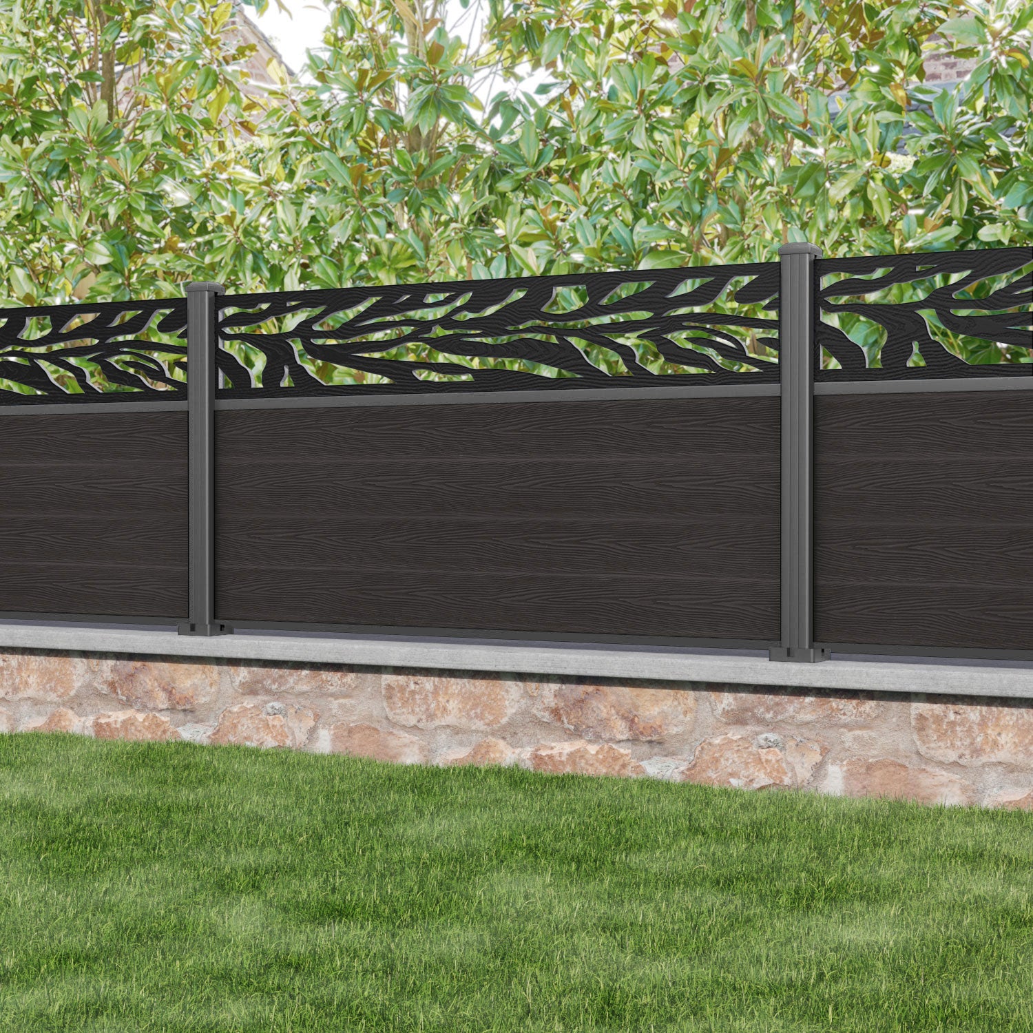 Classic Malawi Fence Panel - Dark Oak - with our aluminium posts