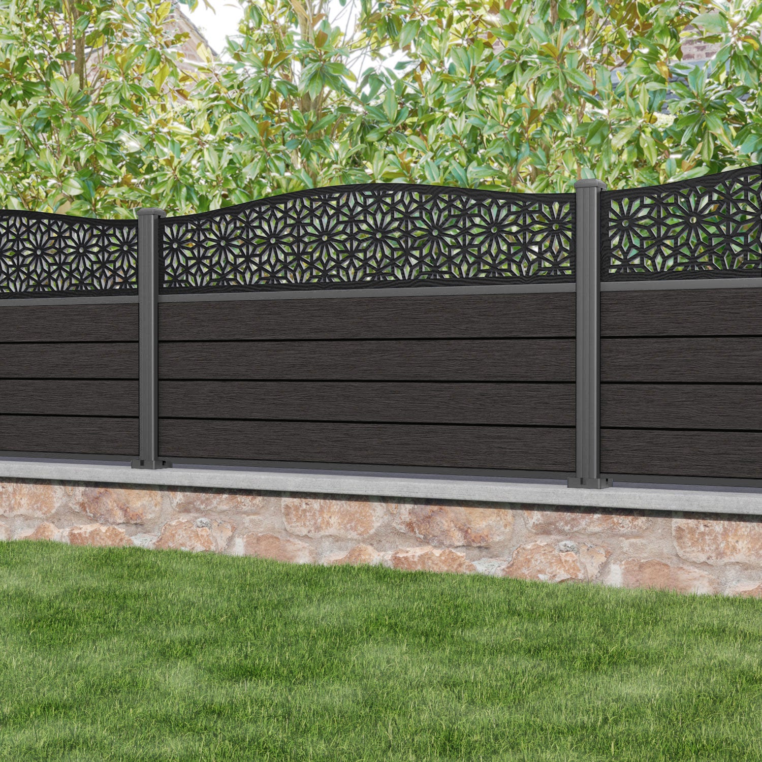 Fusion Narwa Curved Top Fence Panel - Dark Oak - with our aluminium posts