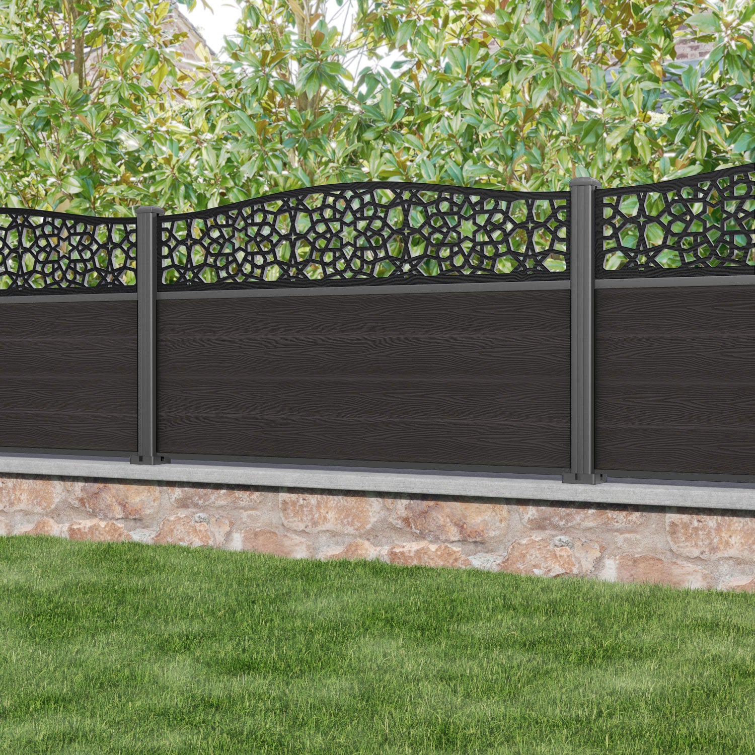 Classic Nazira Curved Top Fence Panel - Dark Oak - with our aluminium posts