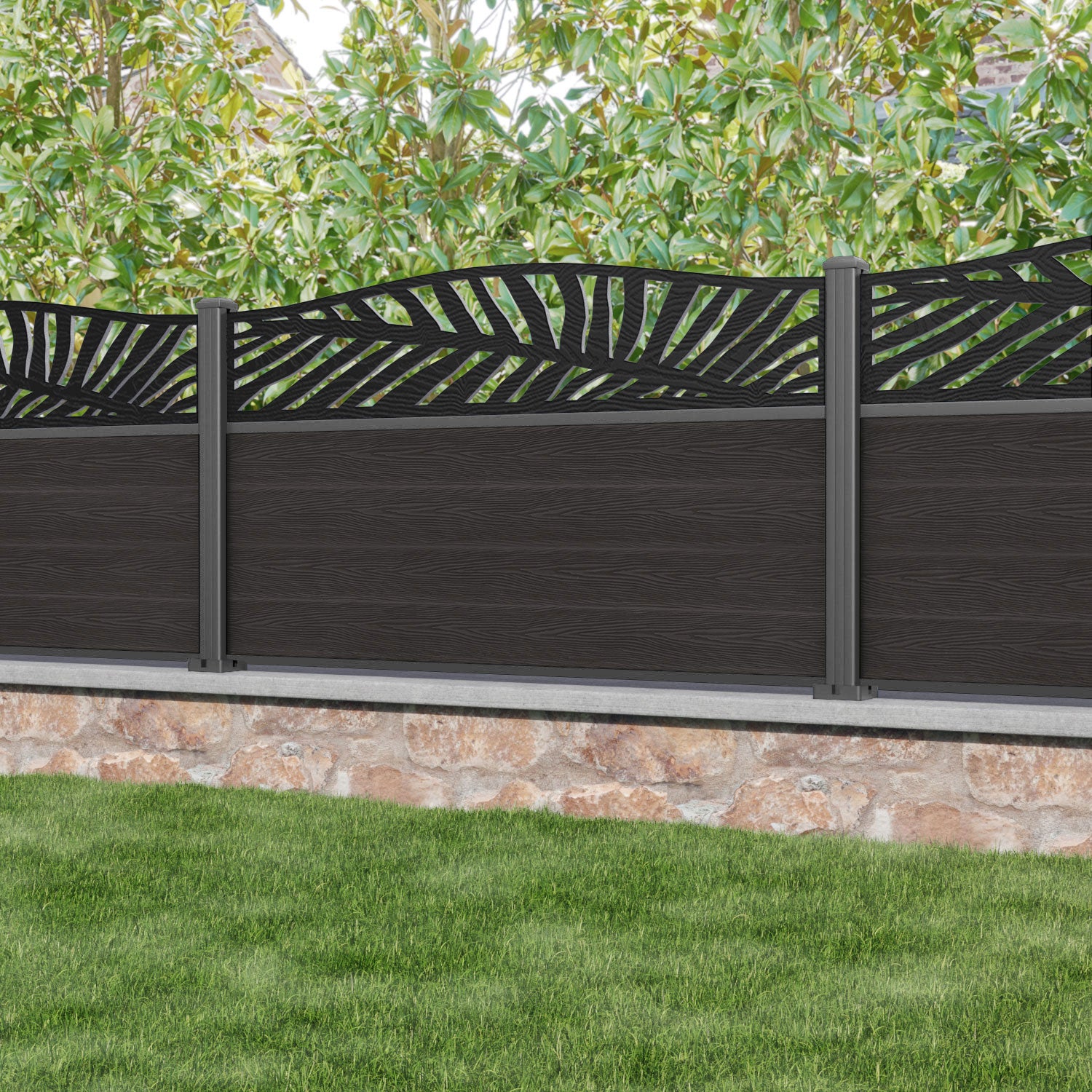 Classic Palm Curved Top Fence Panel - Dark Oak - with our aluminium posts
