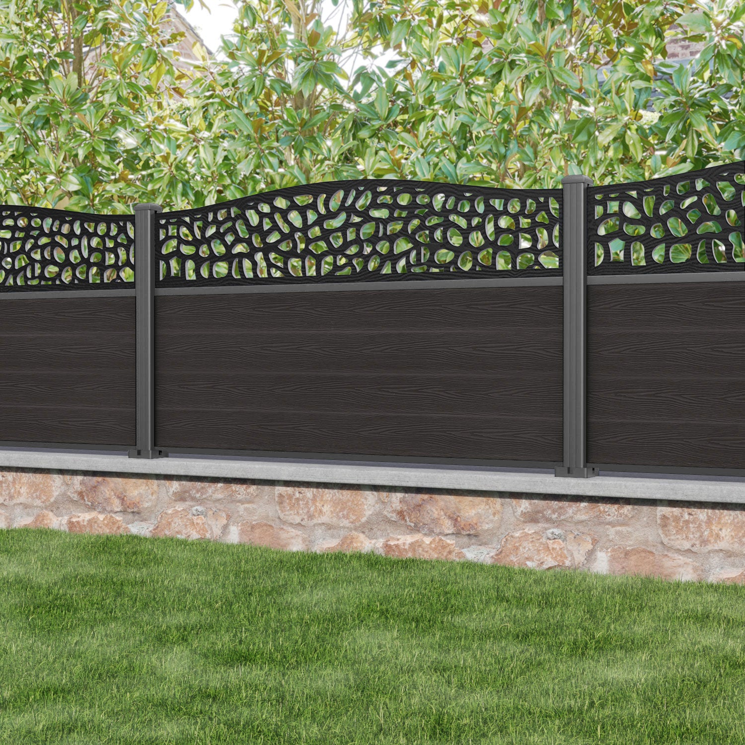 Classic Pebble Curved Top Fence Panel - Dark Oak - with our aluminium posts