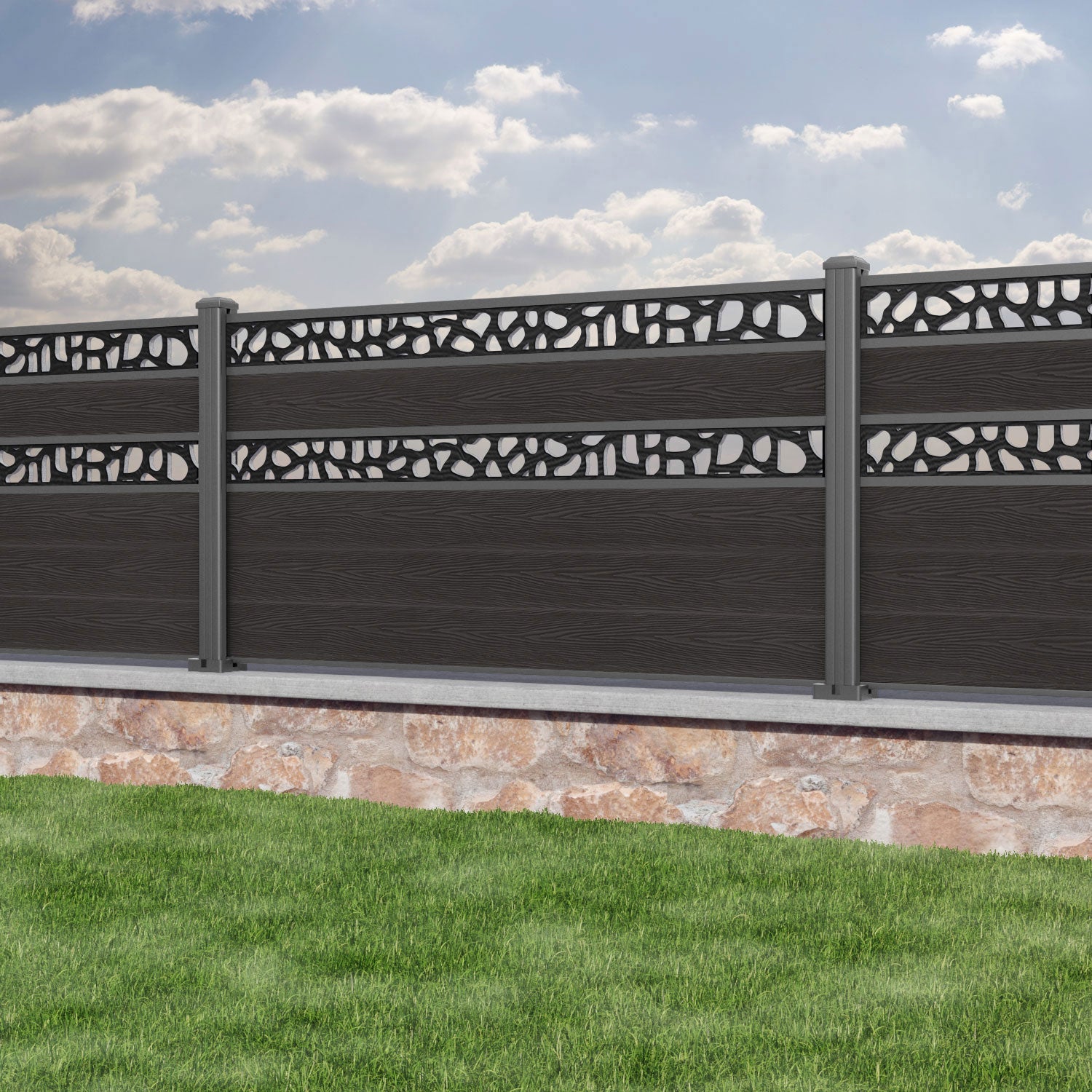 Classic Pebble Split Screen Fence Panel - Dark Oak - with our aluminium posts