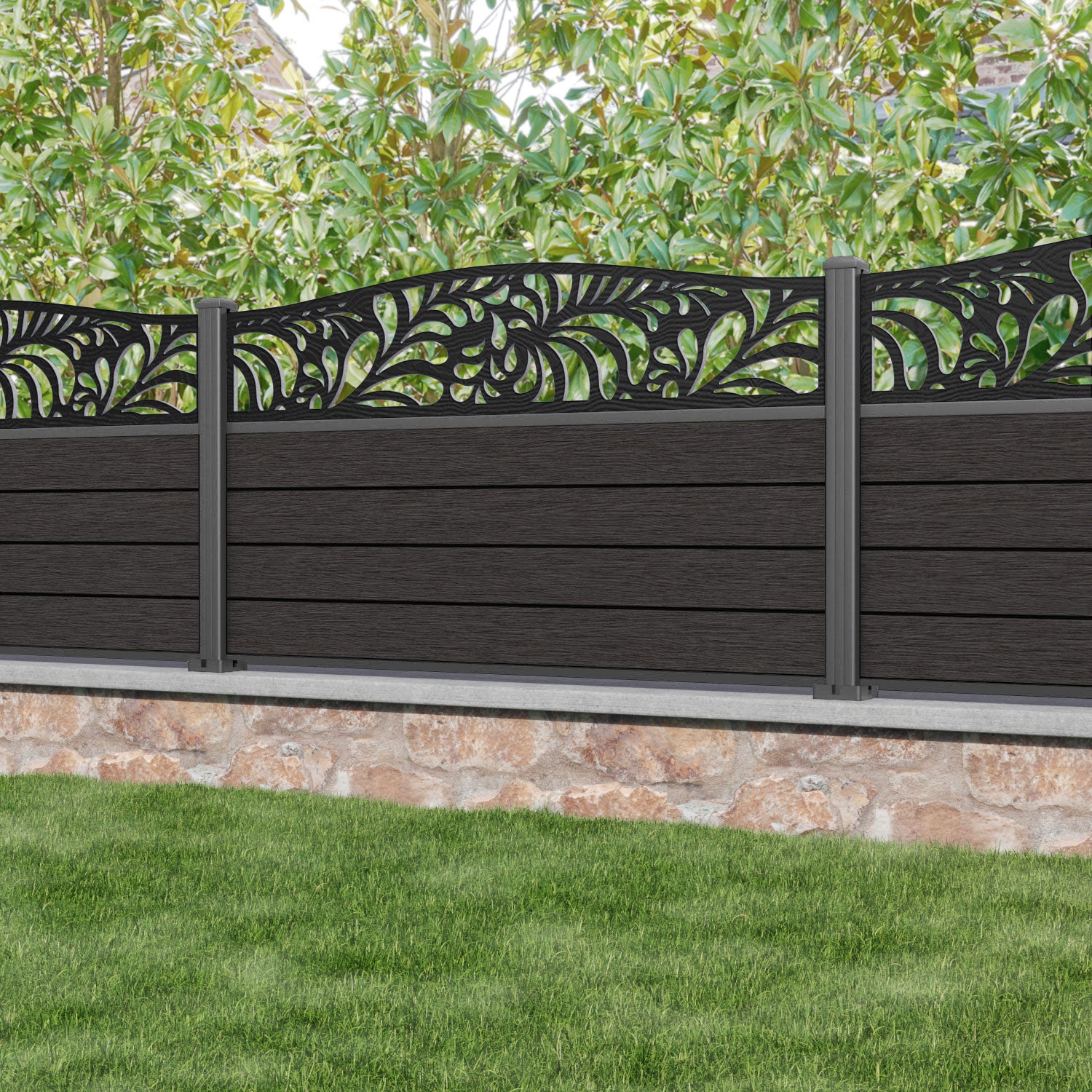 Fusion Pebble Curved Top Fence Panel - Dark Oak - with our aluminium posts