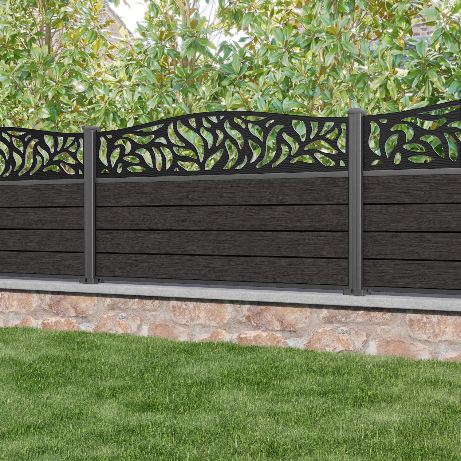 Fusion Plume Curved Top Fence Panel - Dark Oak - with our aluminium posts