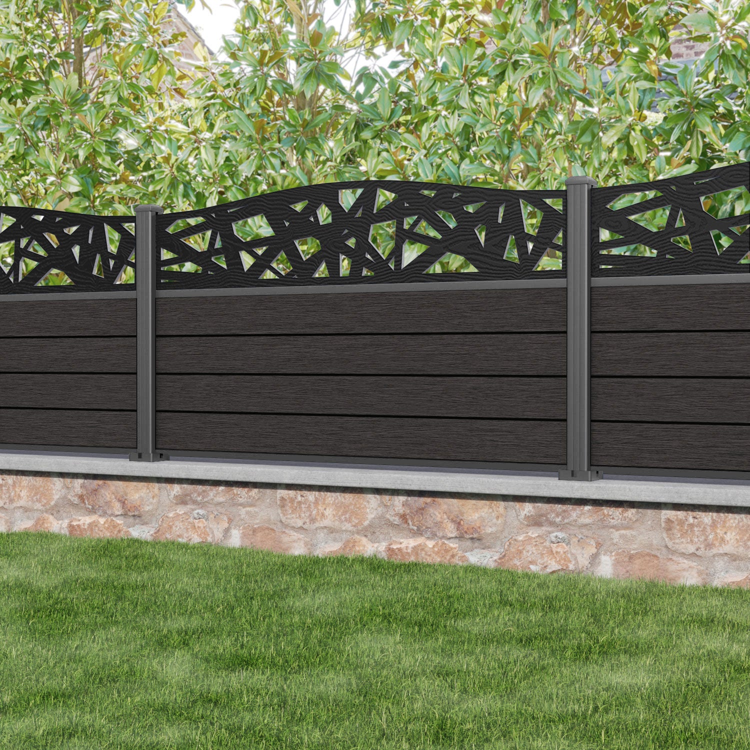 Fusion Prism Curved Top Fence Panel - Dark Oak - with our aluminium posts