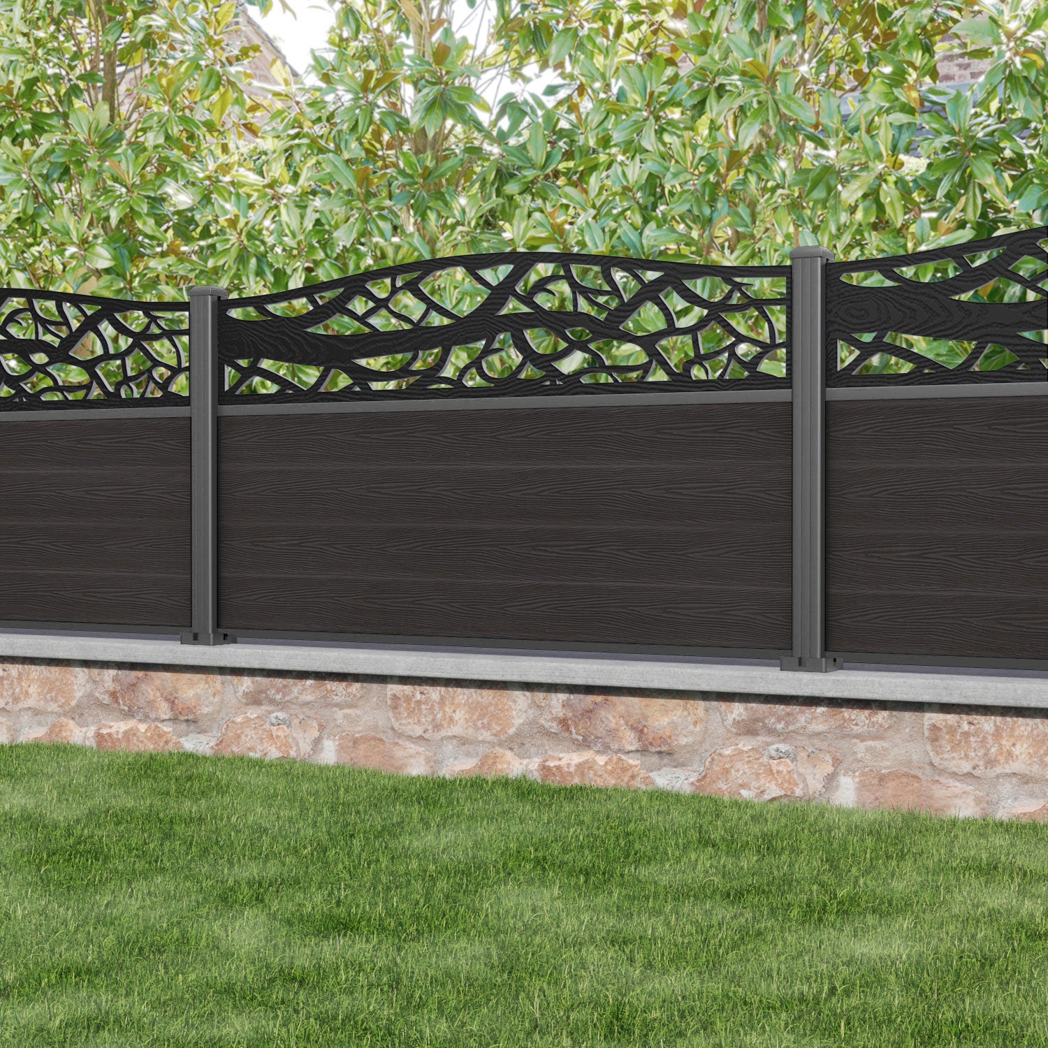 Classic Twilight Curved Top Fence Panel - Dark Oak - with our aluminium posts