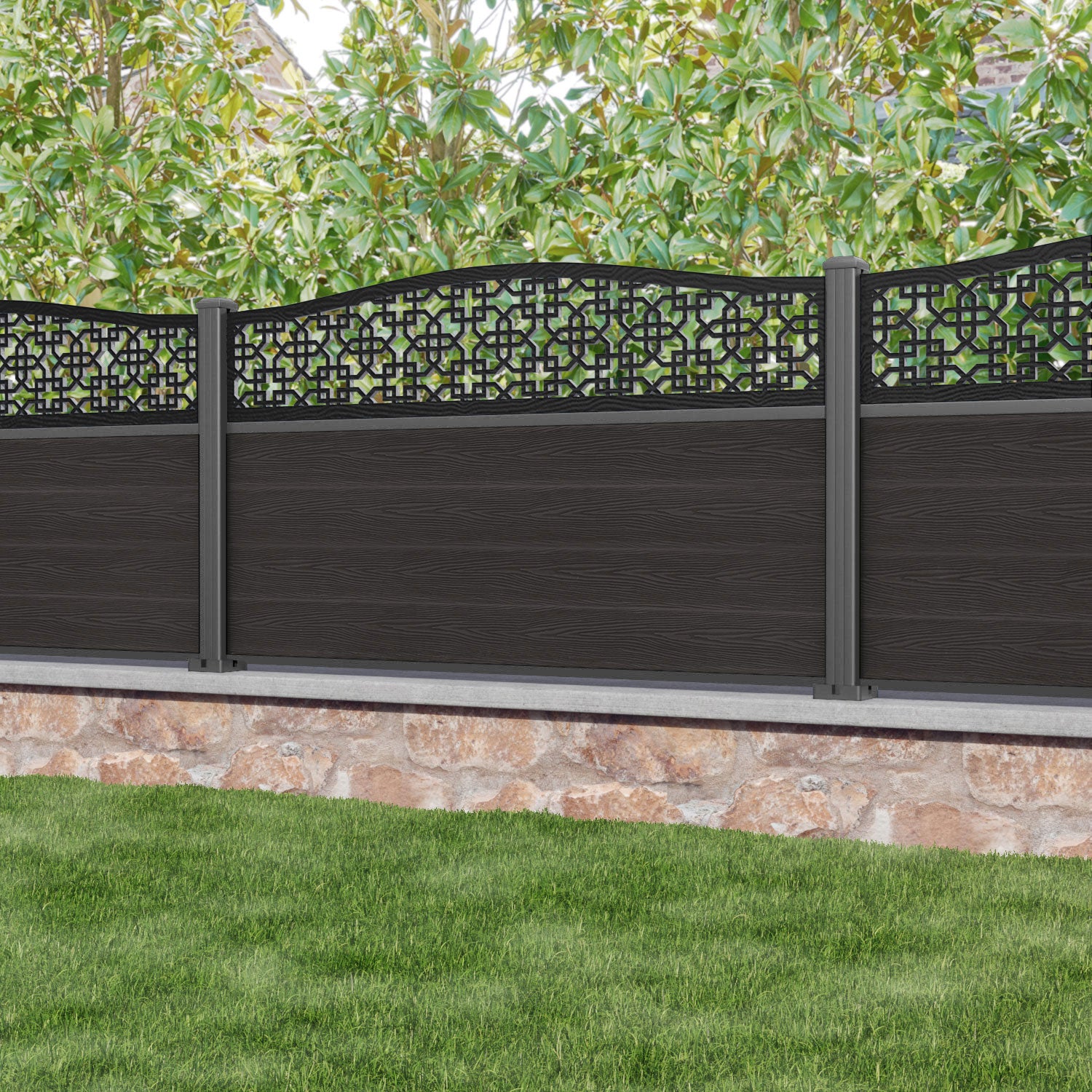 Classic Zaria Curved Top Fence Panel - Dark Oak - with our aluminium posts