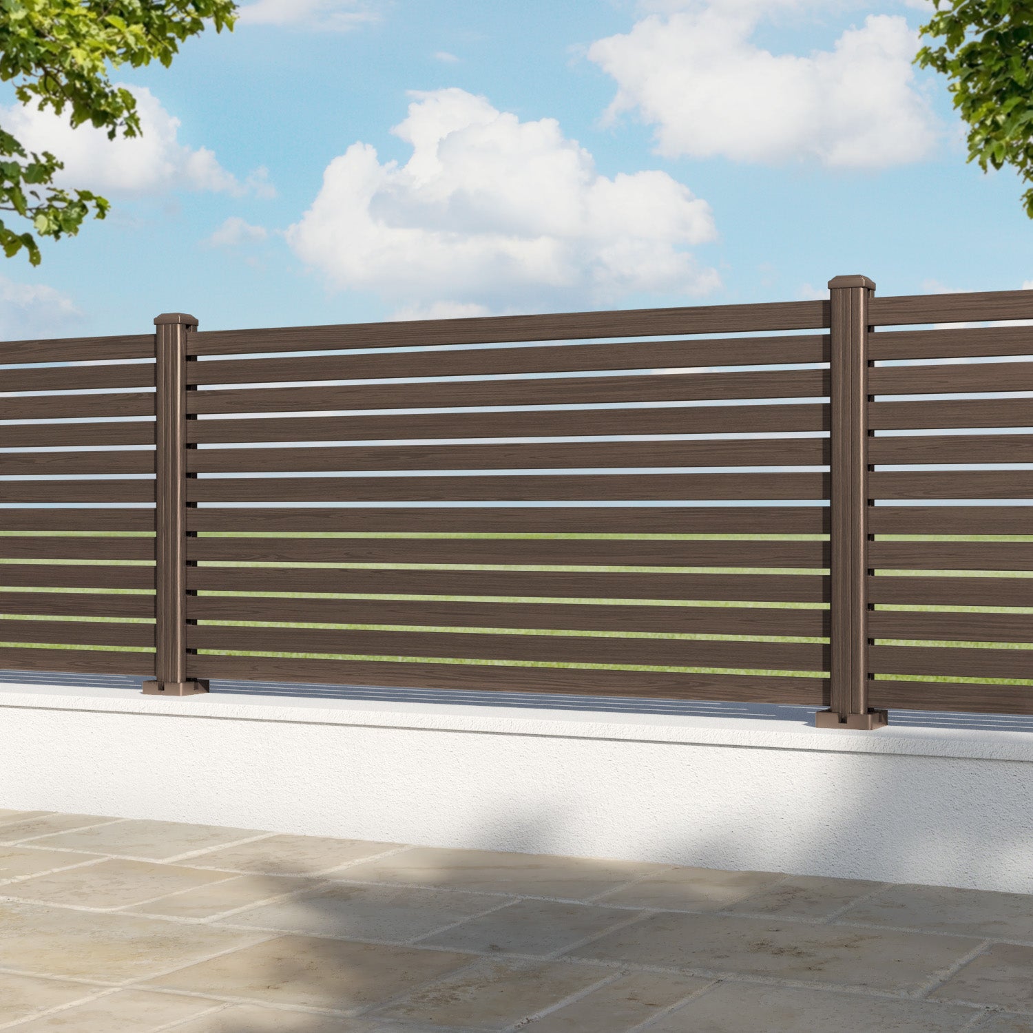 Aria Aluminium Fence Panel - Dark Oak - with our aluminium posts
