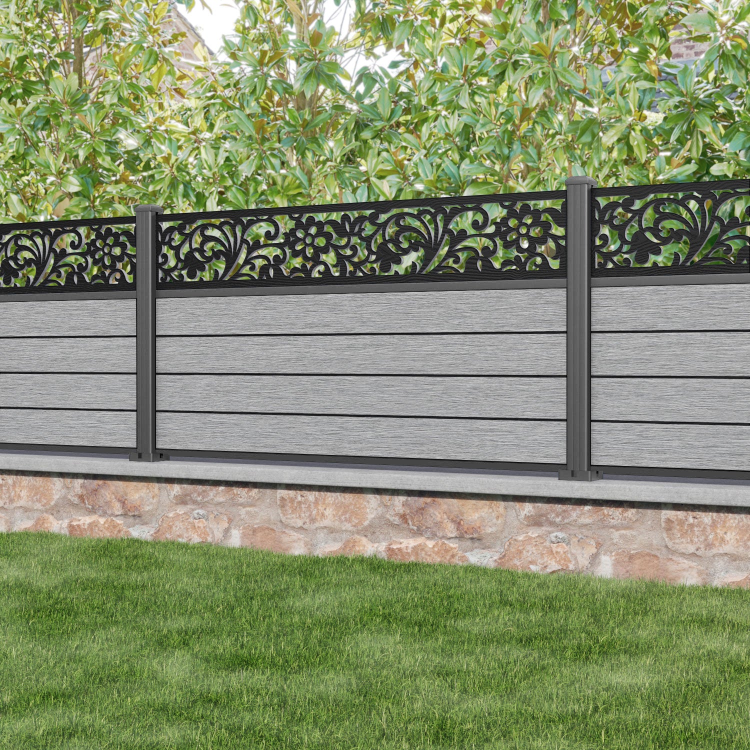 Fusion Eden Fence Panel - Light Grey - with our aluminium posts