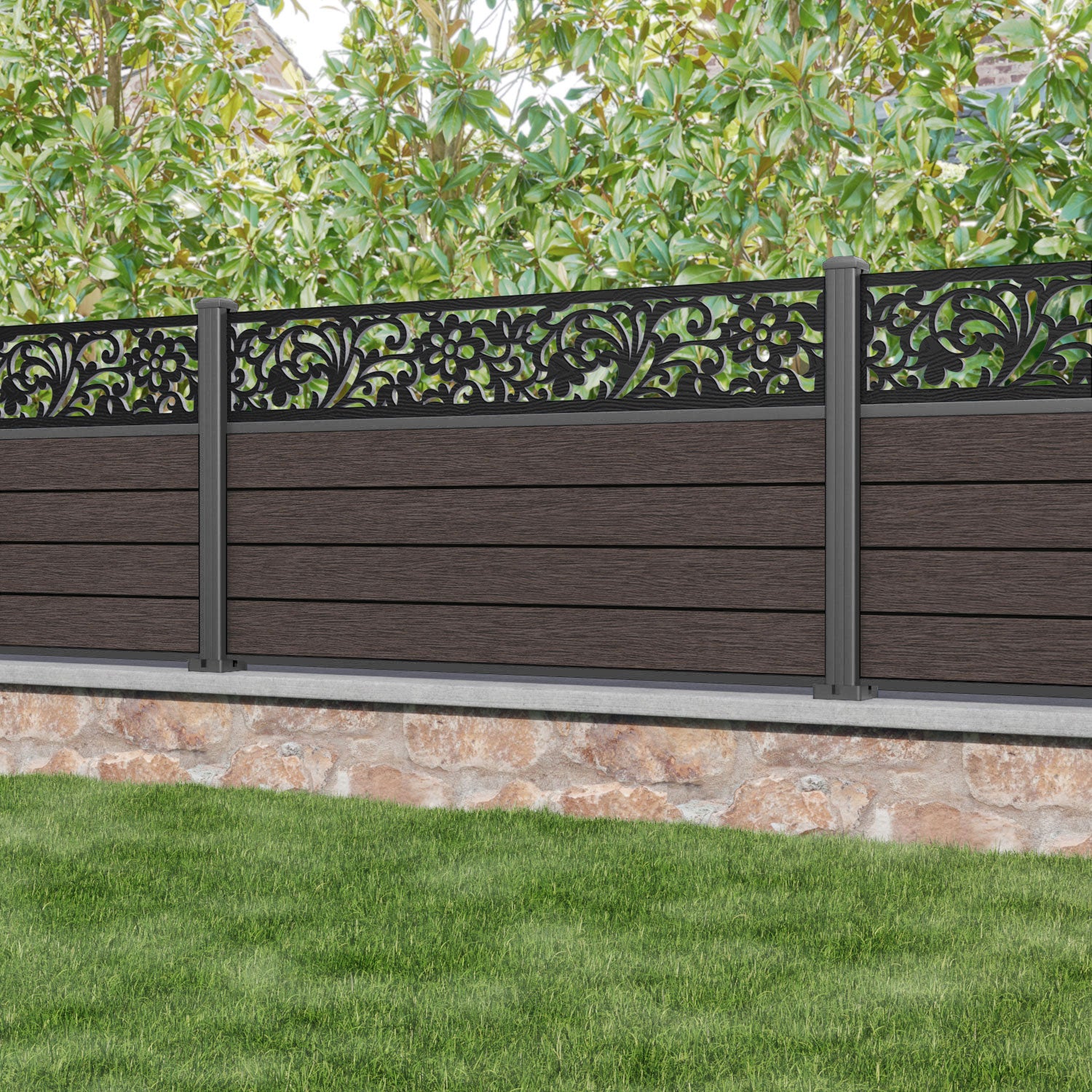 Fusion Eden Fence Panel - Mid Brown - with our aluminium posts