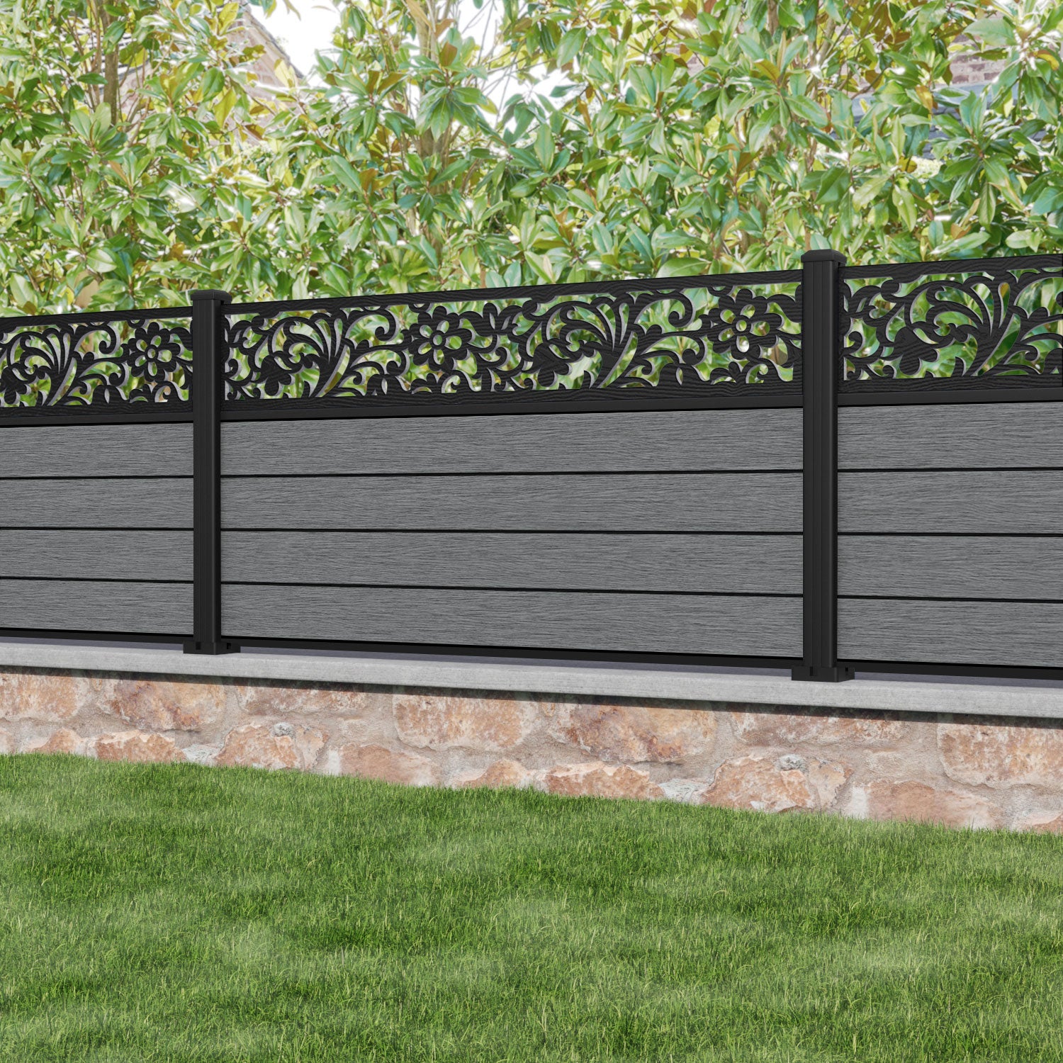 Fusion Eden Fence Panel - Mid Grey - with our aluminium posts