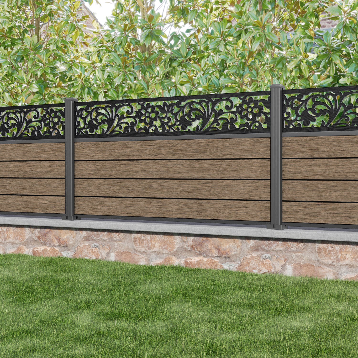 Fusion Eden Fence Panel - Teak - with our aluminium posts