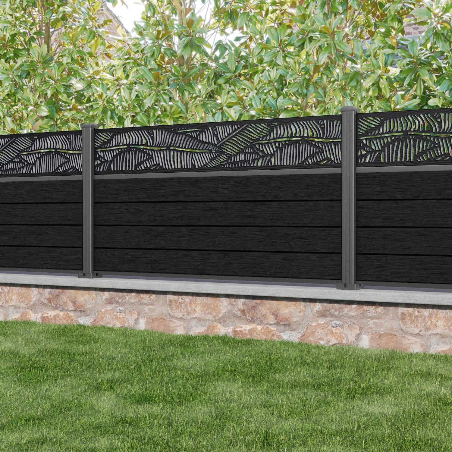 Fusion Feather Fence Panel - Black - with our aluminium posts