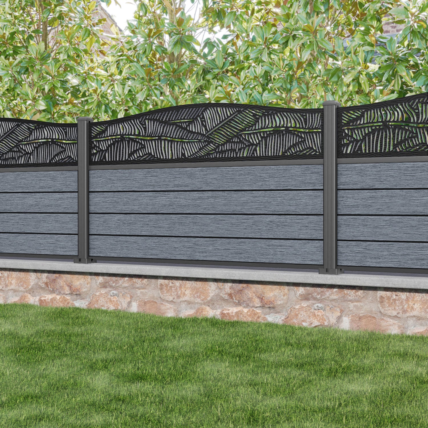 Fusion Feather Curved Top Fence Panel - Anthracite - with our aluminium posts