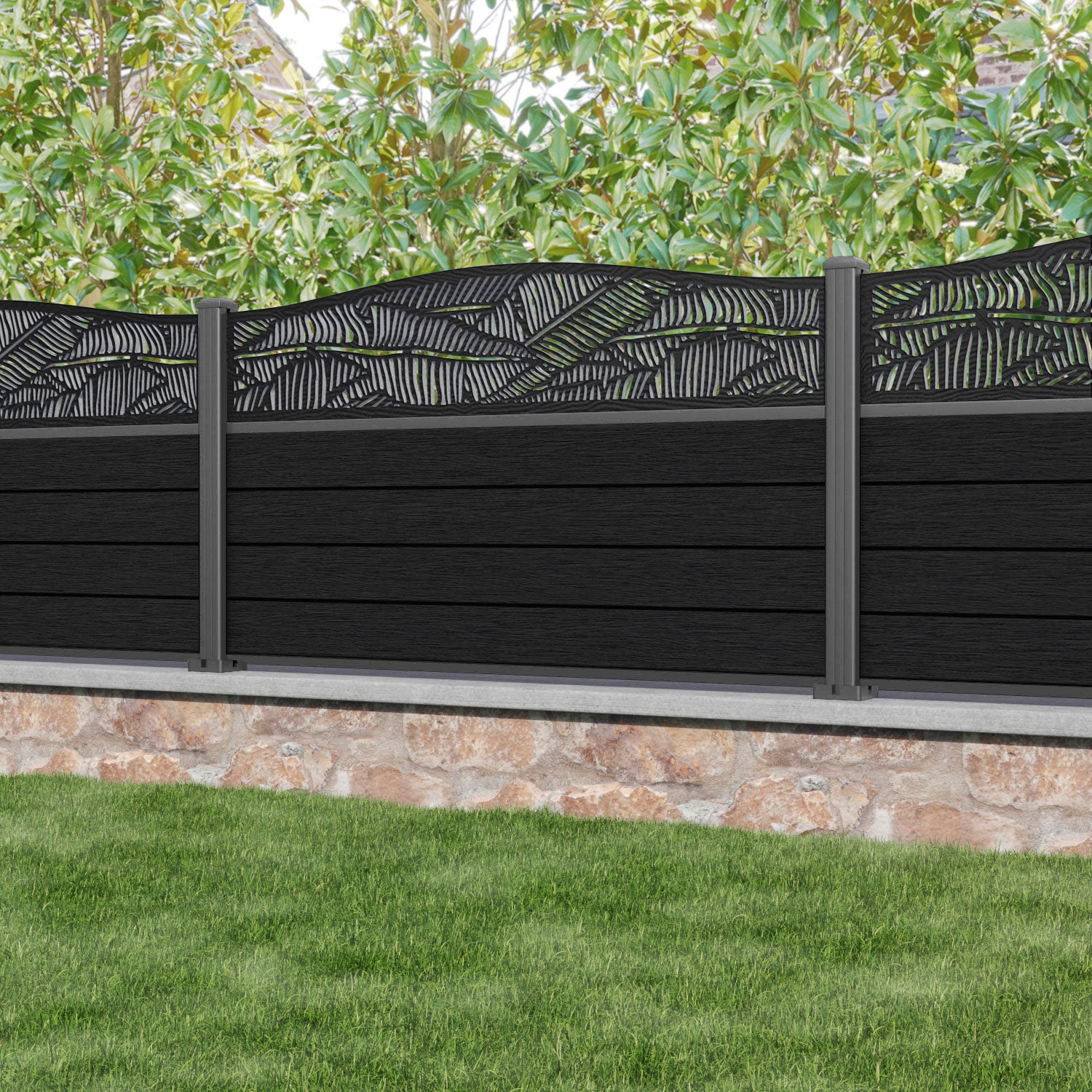 Fusion Feather Curved Top Fence Panel - Black - with our aluminium posts