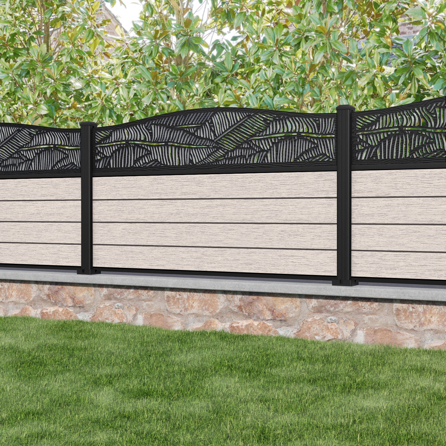 Fusion Feather Curved Top Fence Panel - Mid Stone - with our aluminium posts