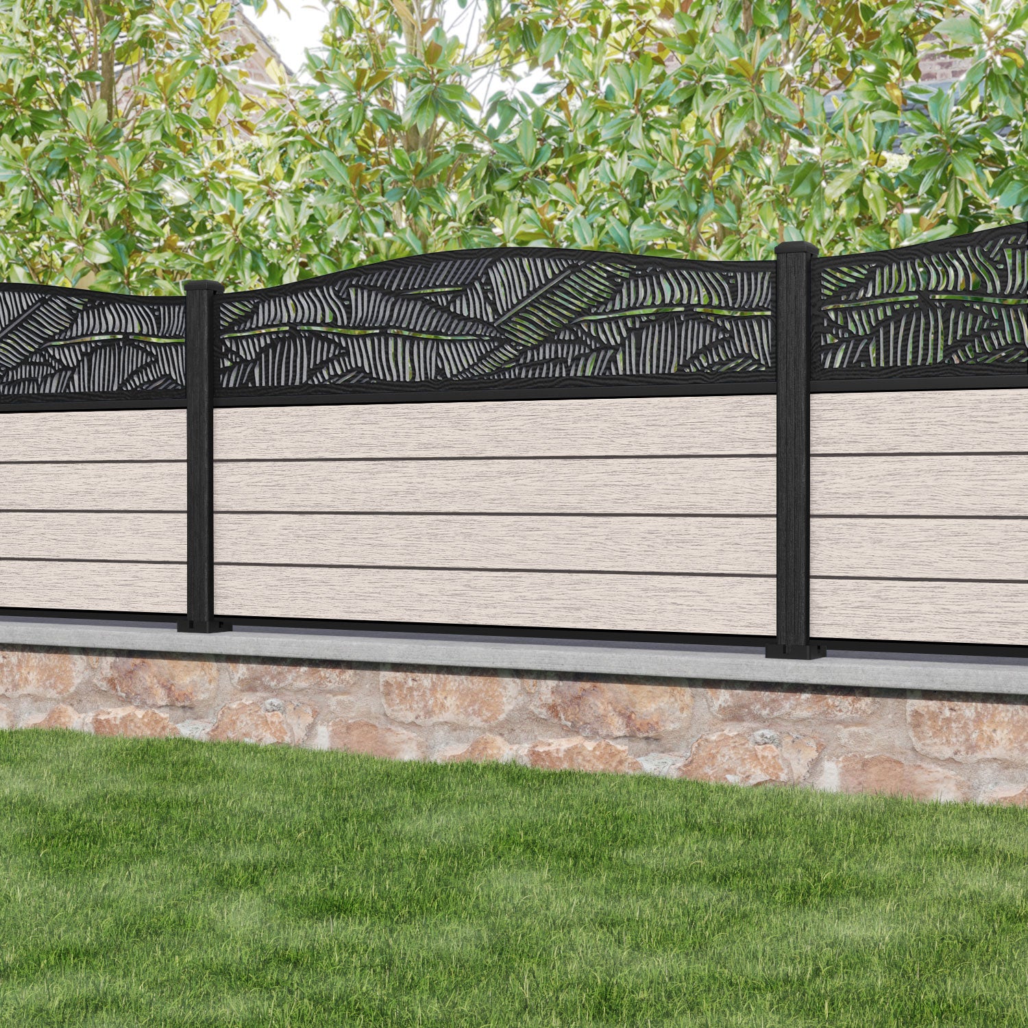 Fusion Feather Curved Top Fence Panel - Mid Stone - with our composite posts