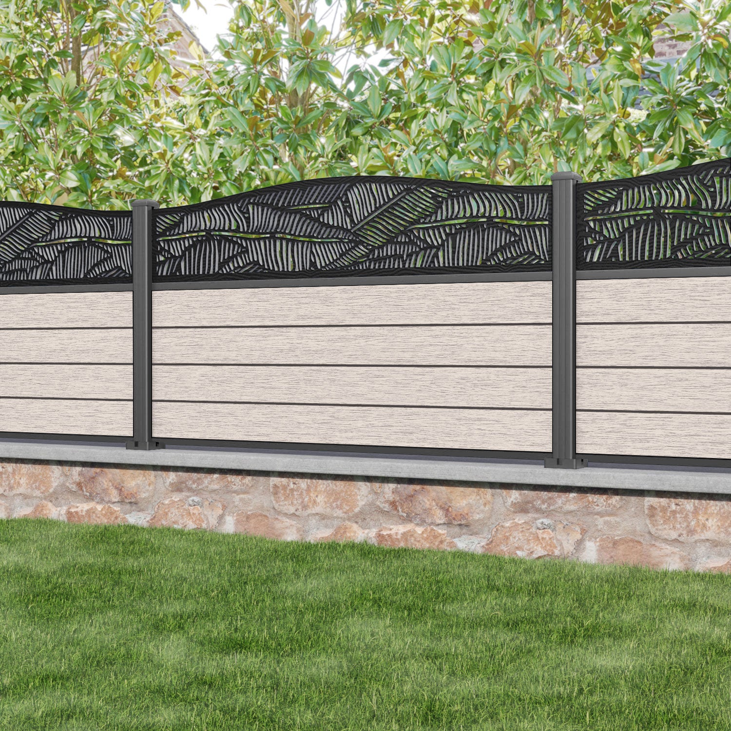 Fusion Feather Curved Top Fence Panel - Mid Stone - with our aluminium posts