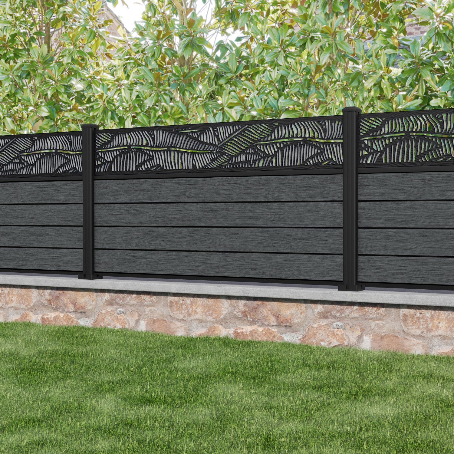 Fusion Feather Fence Panel - Dark Grey - with our aluminium posts