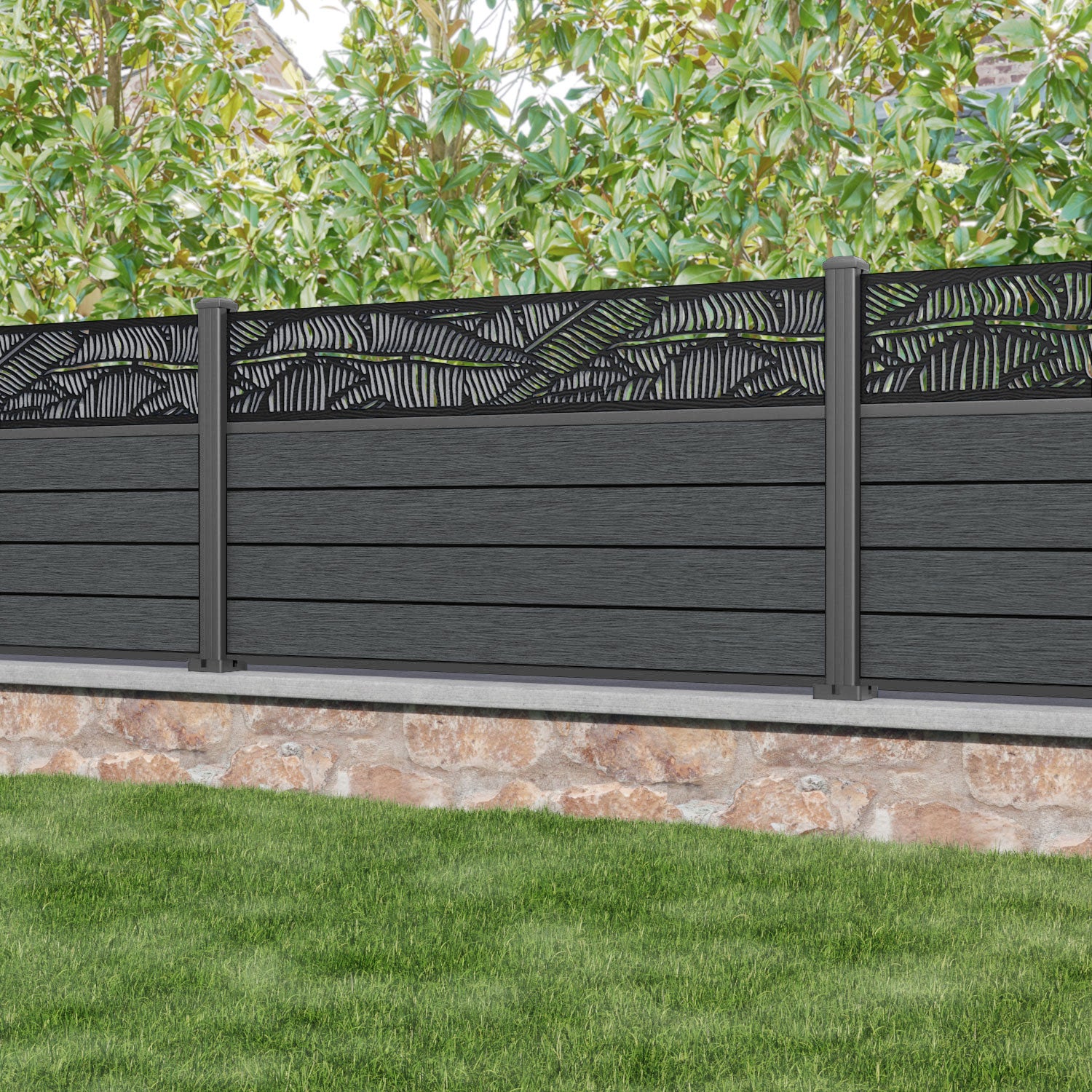 Fusion Feather Fence Panel - Dark Grey - with our aluminium posts