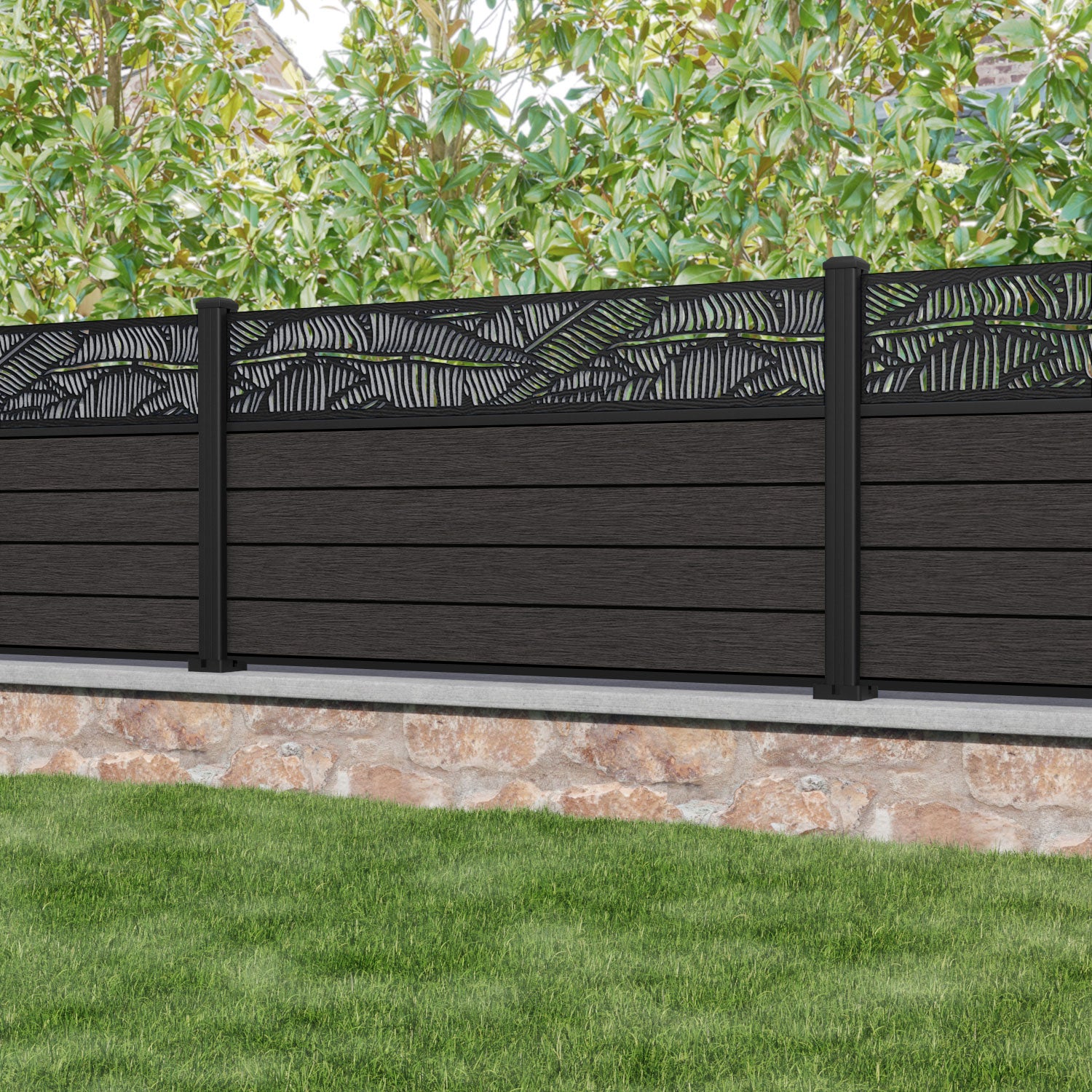 Fusion Feather Fence Panel - Dark Oak - with our aluminium posts