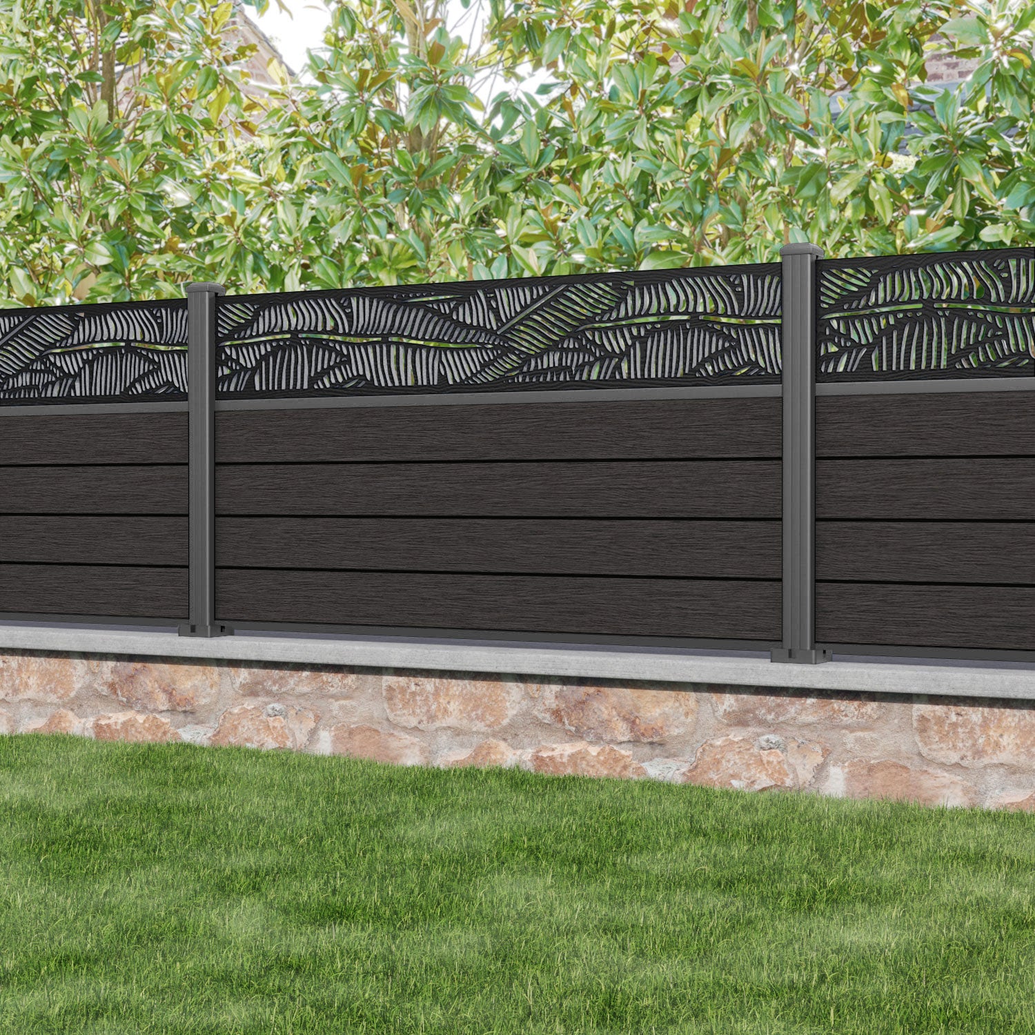 Fusion Feather Fence Panel - Dark Oak - with our aluminium posts