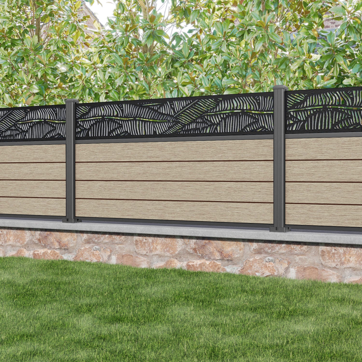 Fusion Feather Fence Panel - Light Oak - with our aluminium posts