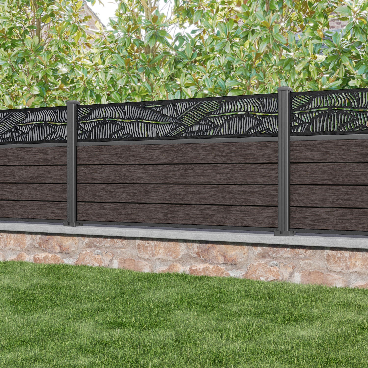 Fusion Feather Fence Panel - Mid Brown - with our aluminium posts