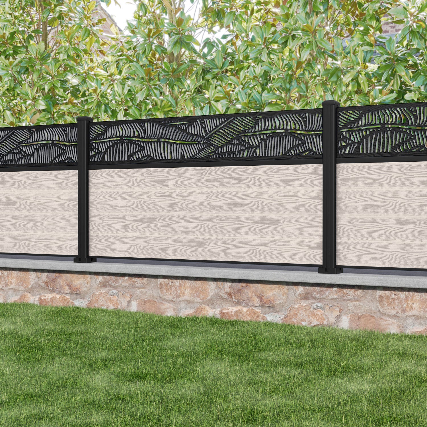 Classic Feather Fence Panel - Mid Stone - with our aluminium posts