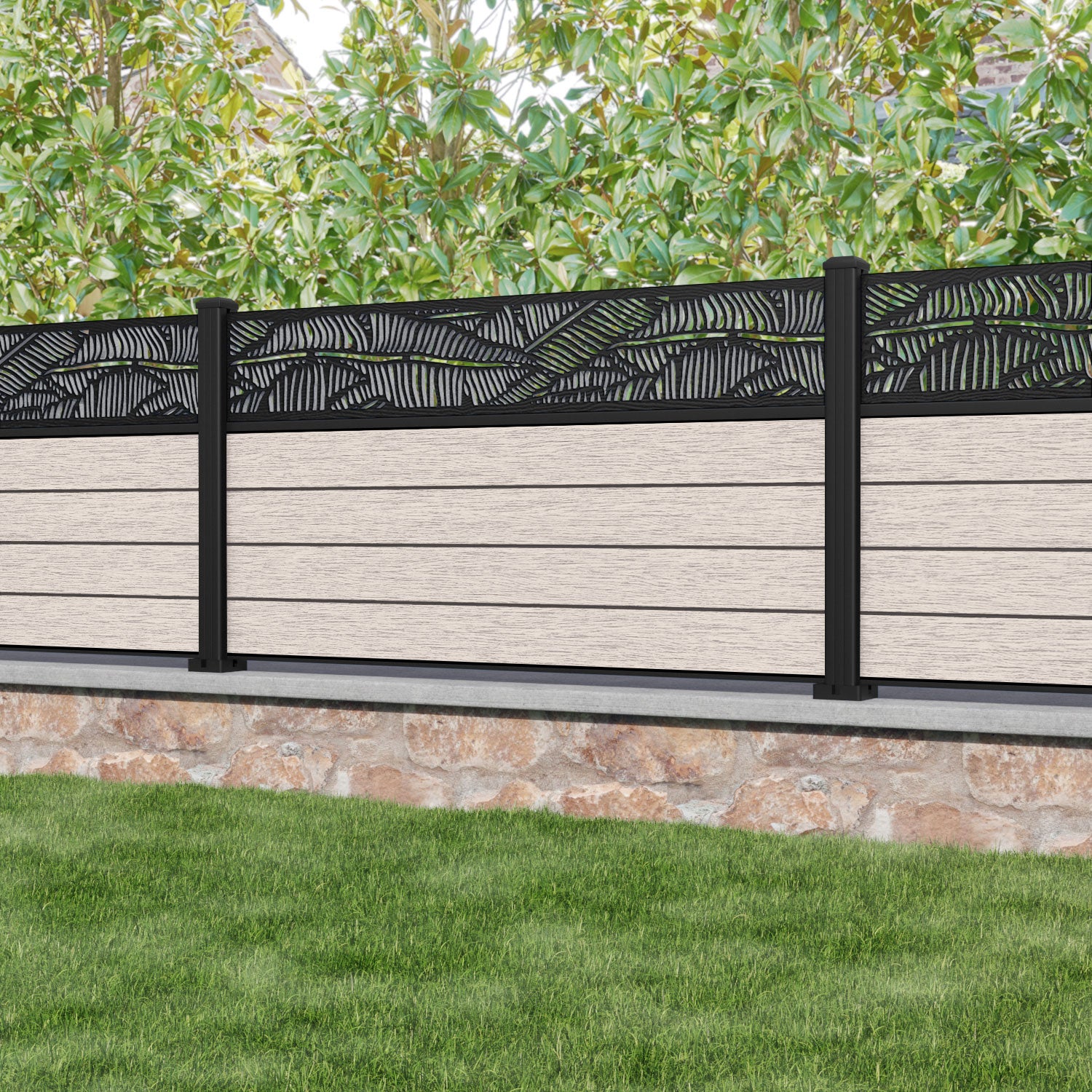 Fusion Feather Fence Panel - Mid Stone - with our aluminium posts