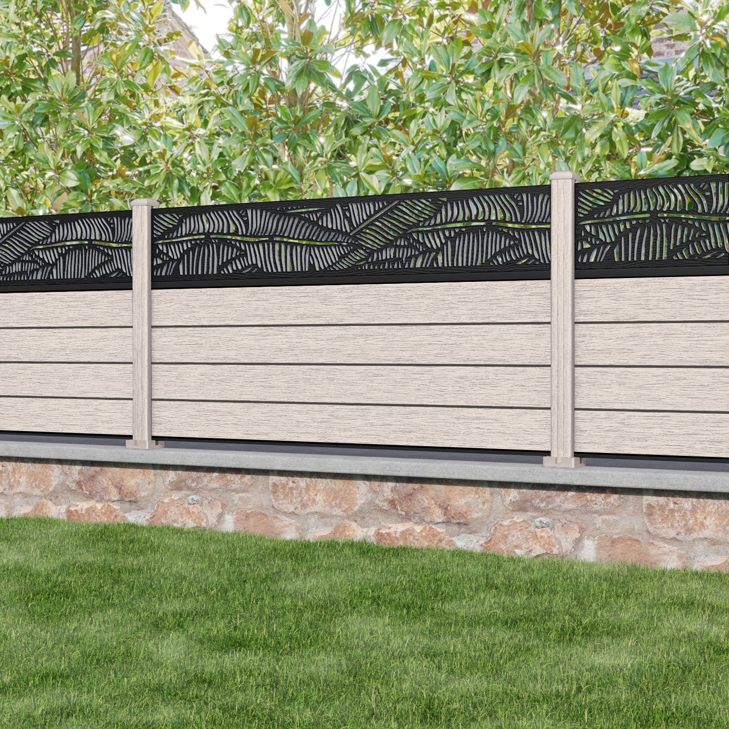 Fusion Feather Fence Panel - Mid Stone - with our composite posts