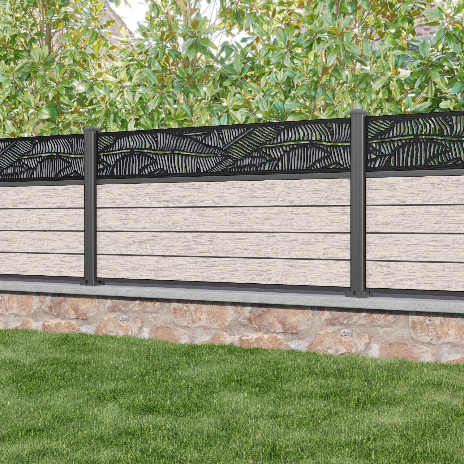 Fusion Feather Fence Panel - Mid Stone - with our aluminium posts