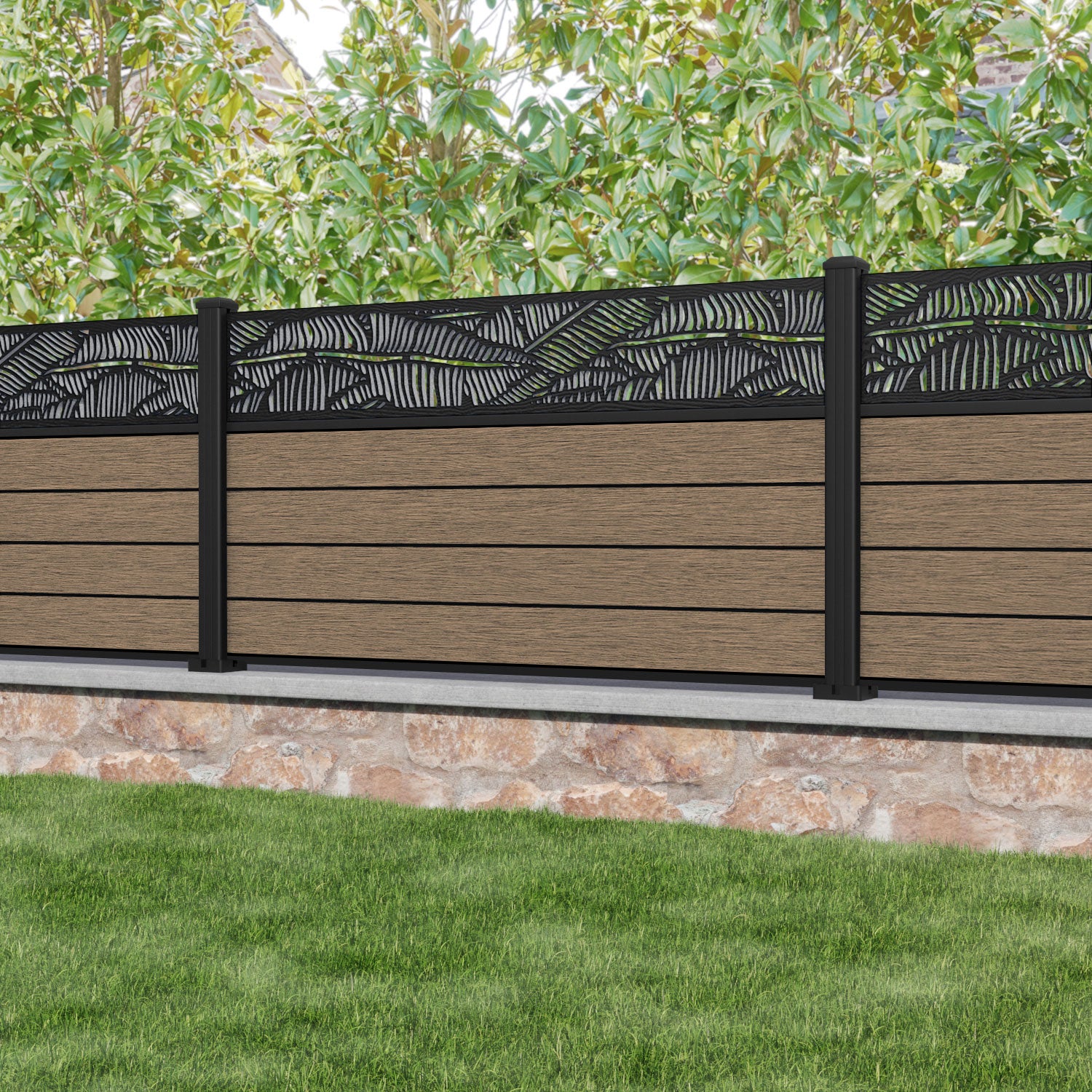 Fusion Feather Fence Panel - Teak - with our aluminium posts