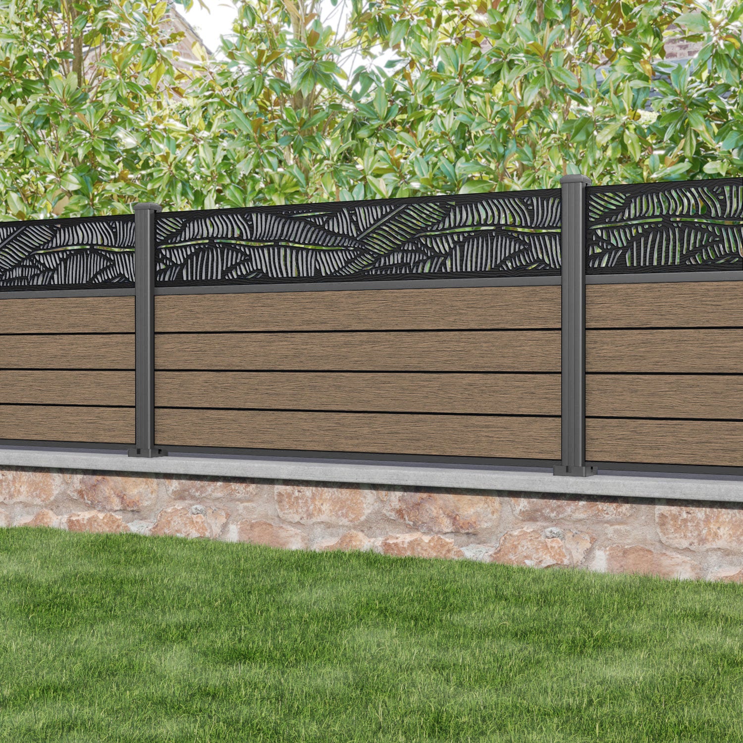 Fusion Feather Fence Panel - Teak - with our aluminium posts