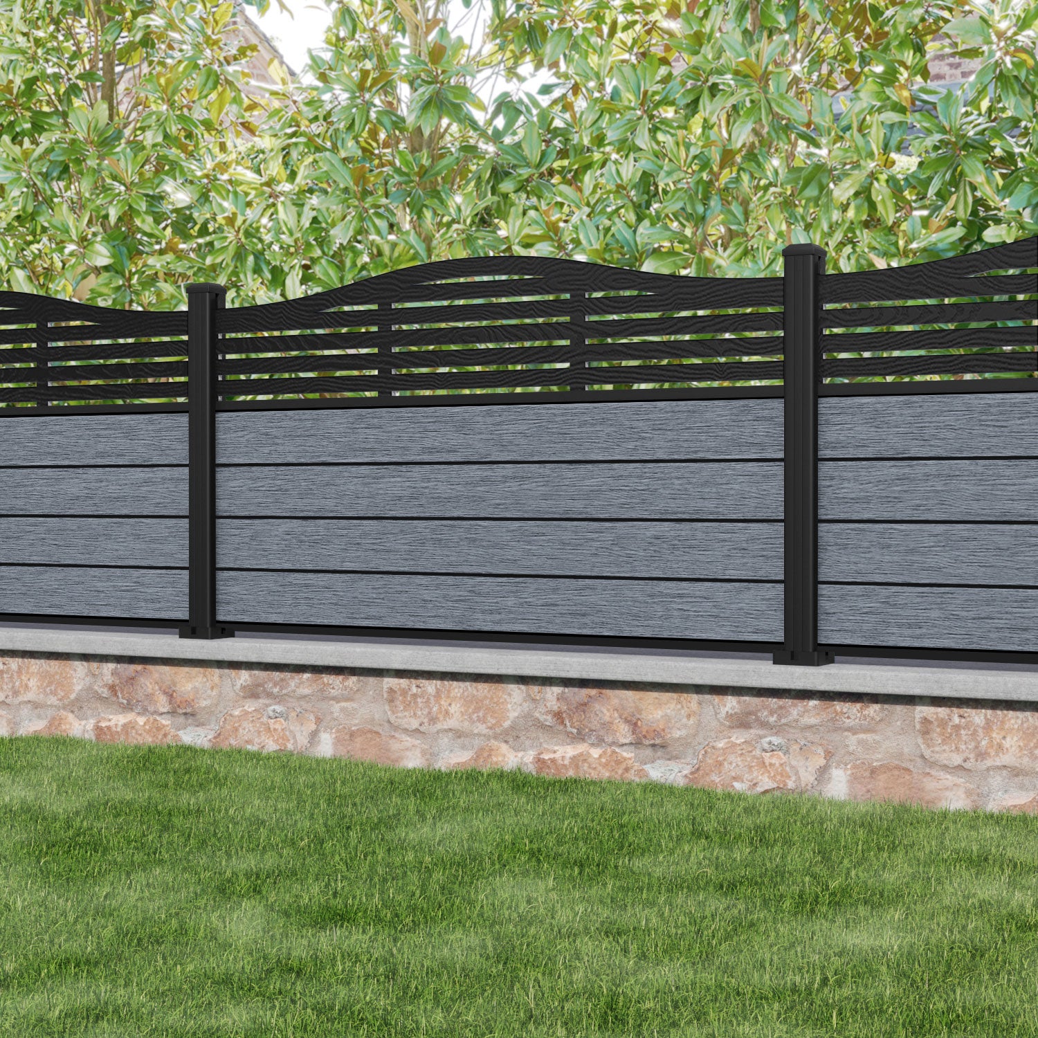 Fusion Aspen Curved Top Fence Panel - Anthracite - with our aluminium posts