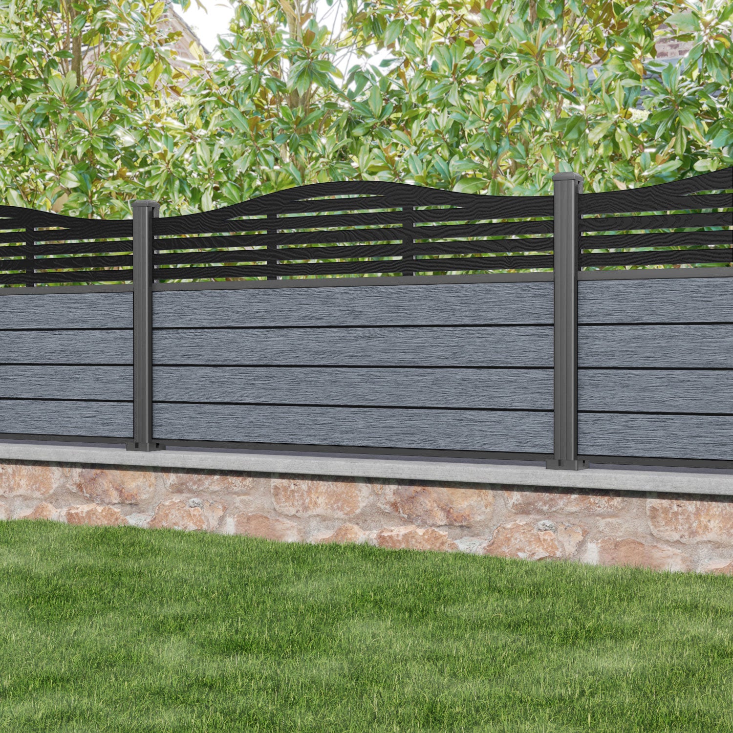 Fusion Aspen Curved Top Fence Panel - Anthracite - with our aluminium posts