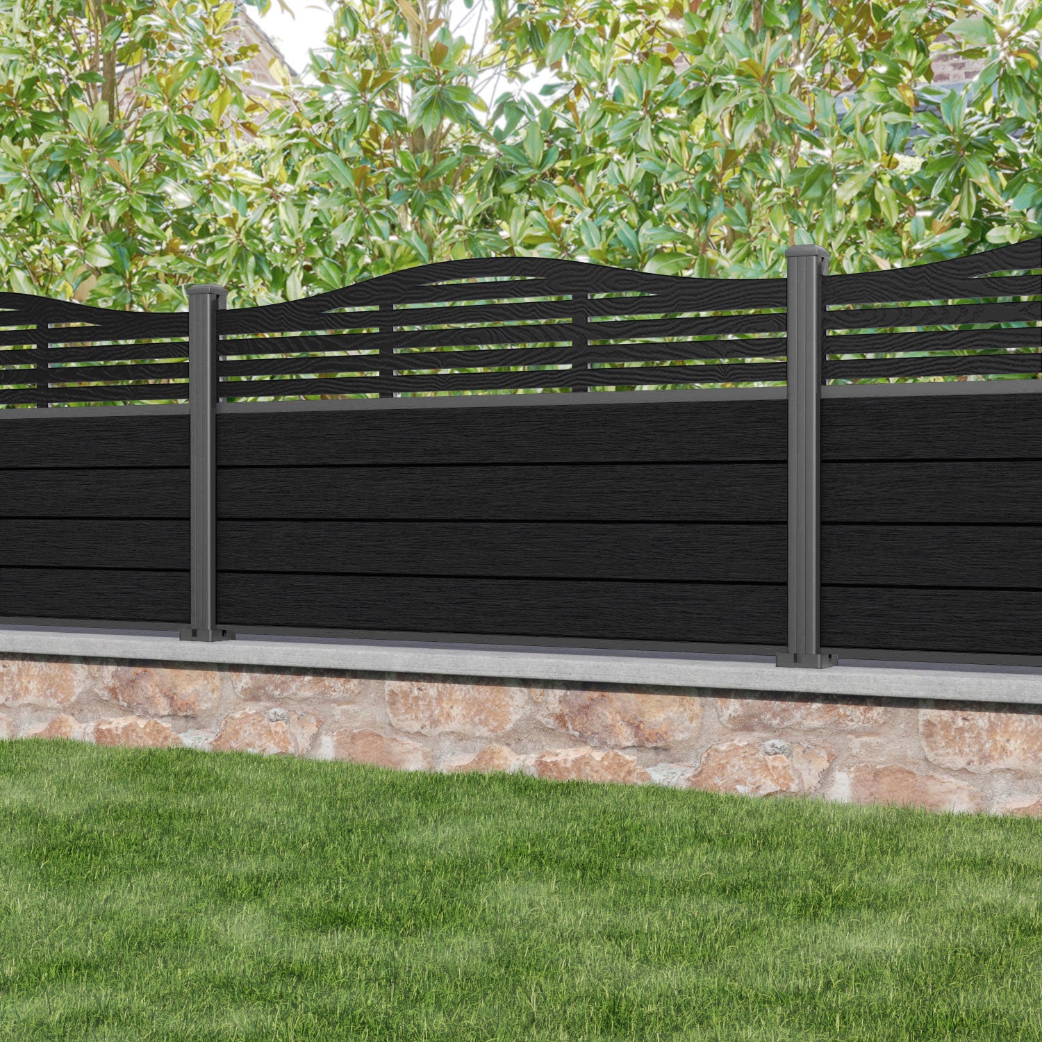 Fusion Aspen Curved Top Fence Panel - Black - with our aluminium posts