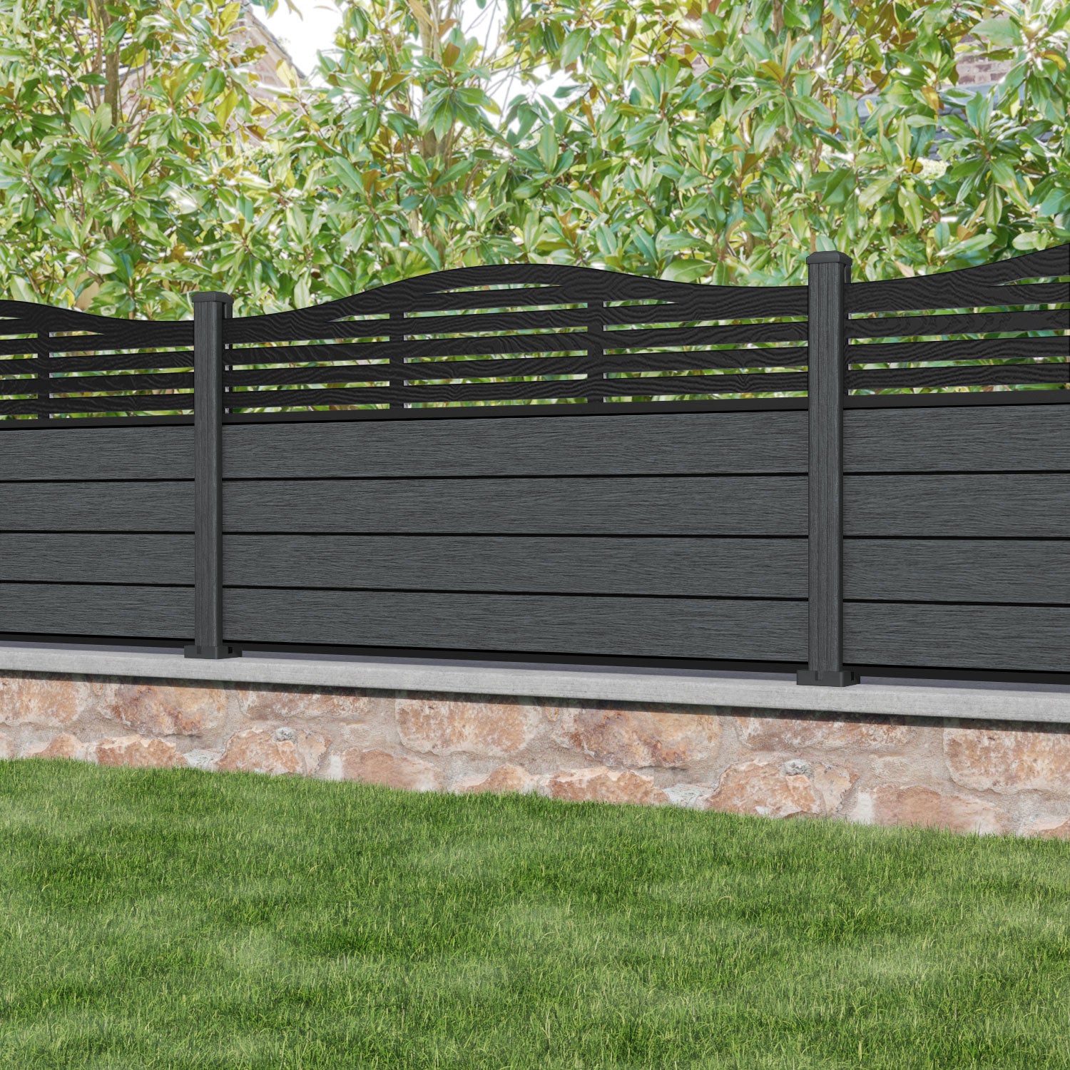 Fusion Aspen Curved Top Fence Panel - Dark Grey - with our composite posts