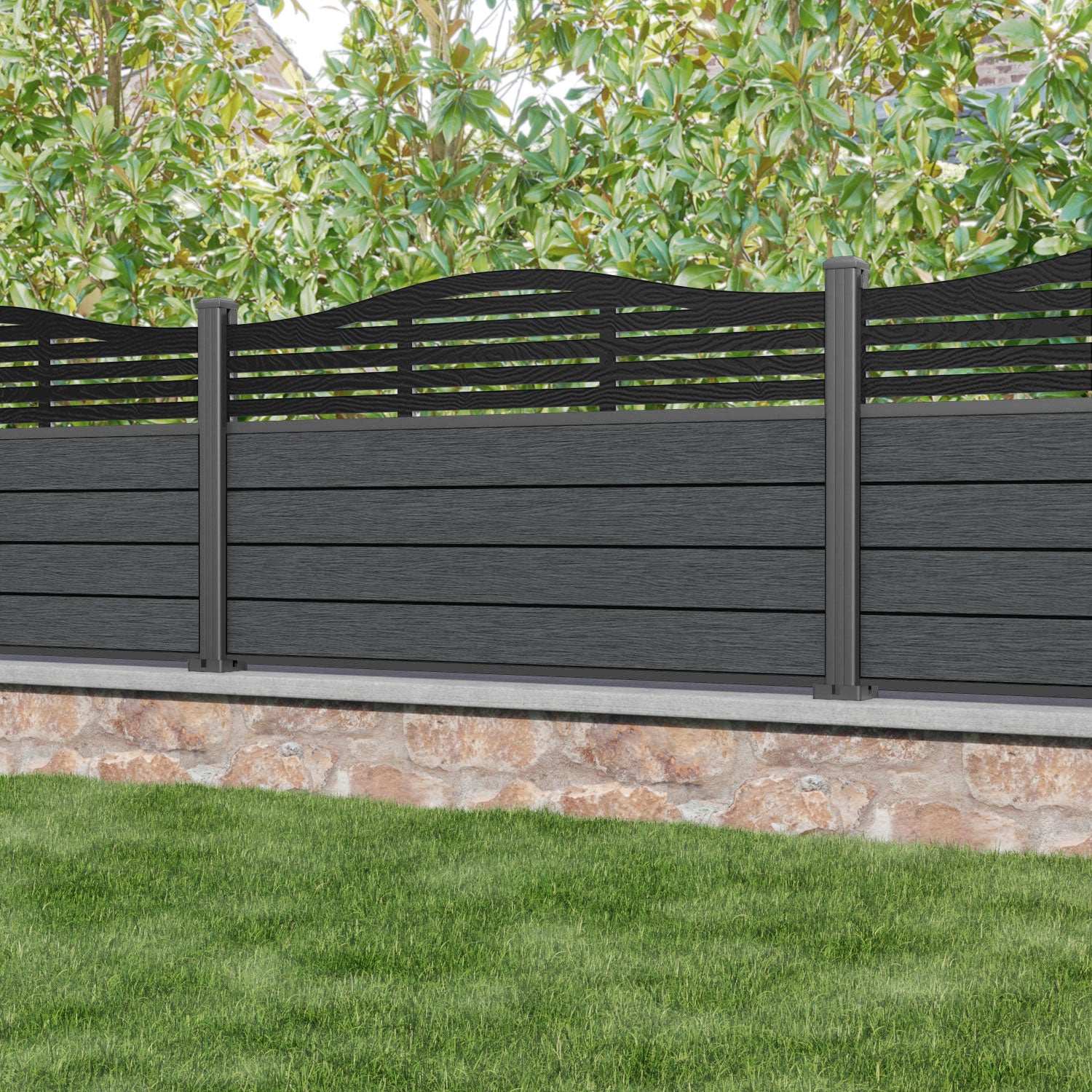 Fusion Aspen Curved Top Fence Panel - Dark Grey - with our aluminium posts