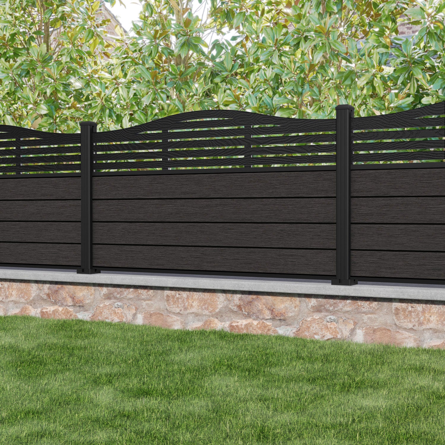 Fusion Aspen Curved Top Fence Panel - Dark Oak - with our aluminium posts