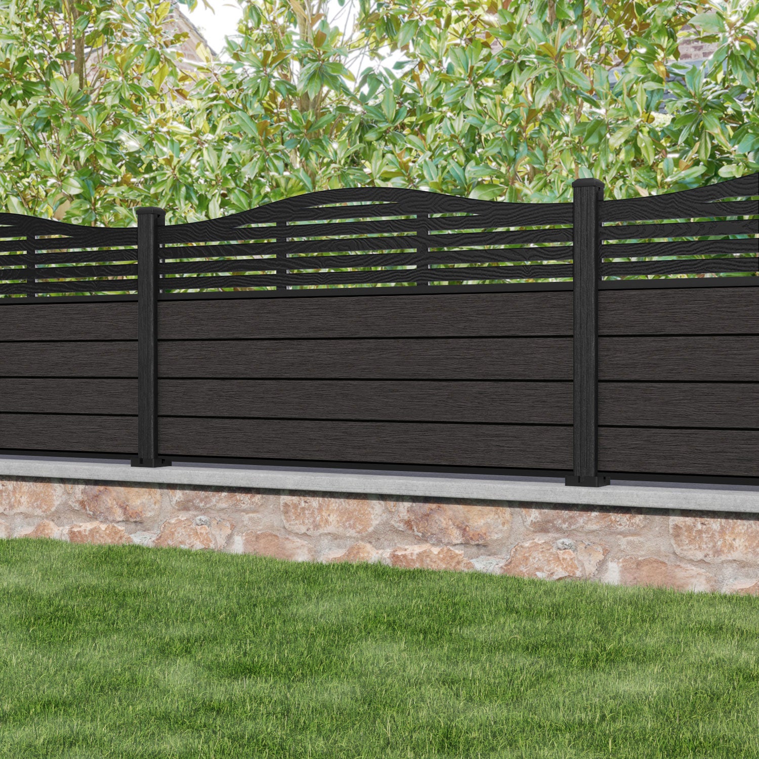 Fusion Aspen Curved Top Fence Panel - Dark Oak - with our composite posts