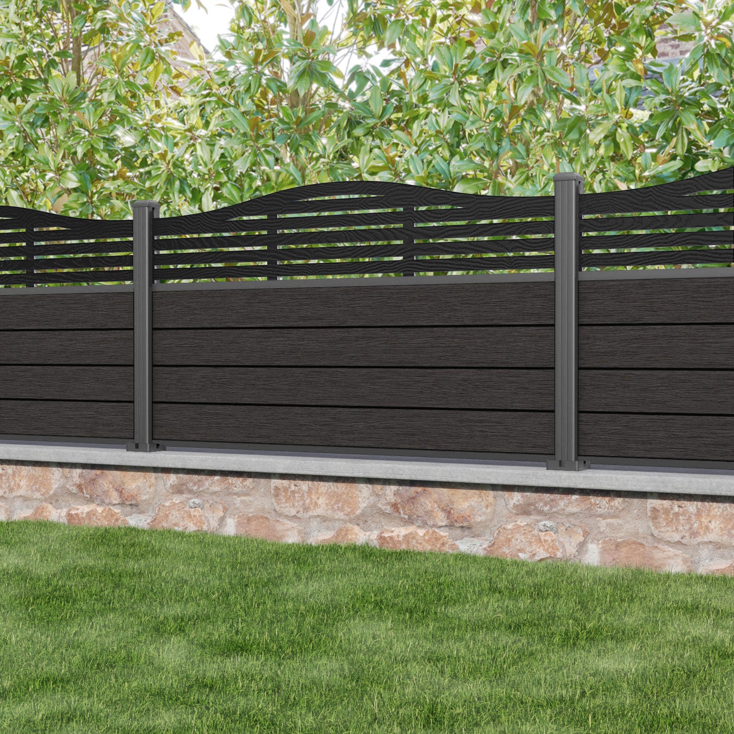 Fusion Aspen Curved Top Fence Panel - Dark Oak - with our aluminium posts