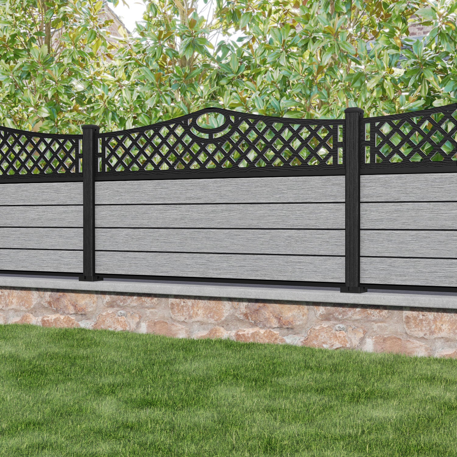 Fusion Oxford Curved Top Fence Panel - Light Grey - with our composite posts