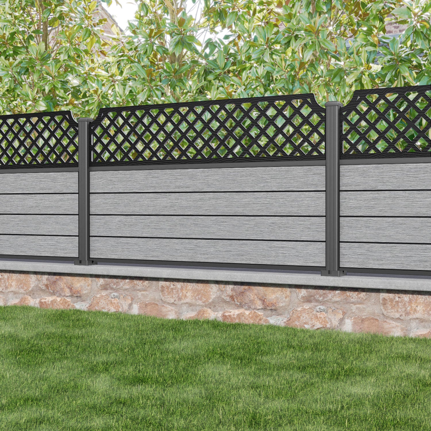 Fusion Regal Hive Fence Panel - Light Grey - with our aluminium posts