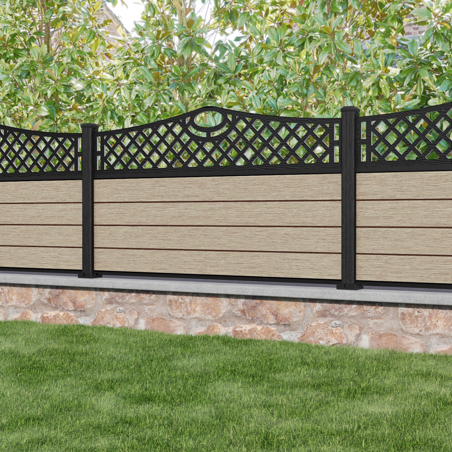 Fusion Oxford Curved Top Fence Panel - Light Oak - with our aluminium posts