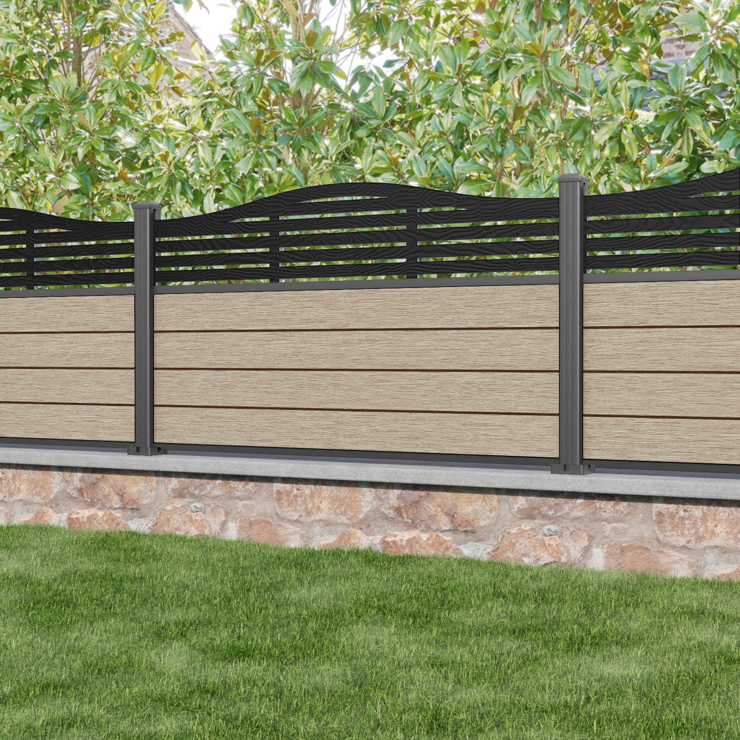 Fusion Aspen Curved Top Fence Panel - Light Oak - with our aluminium posts