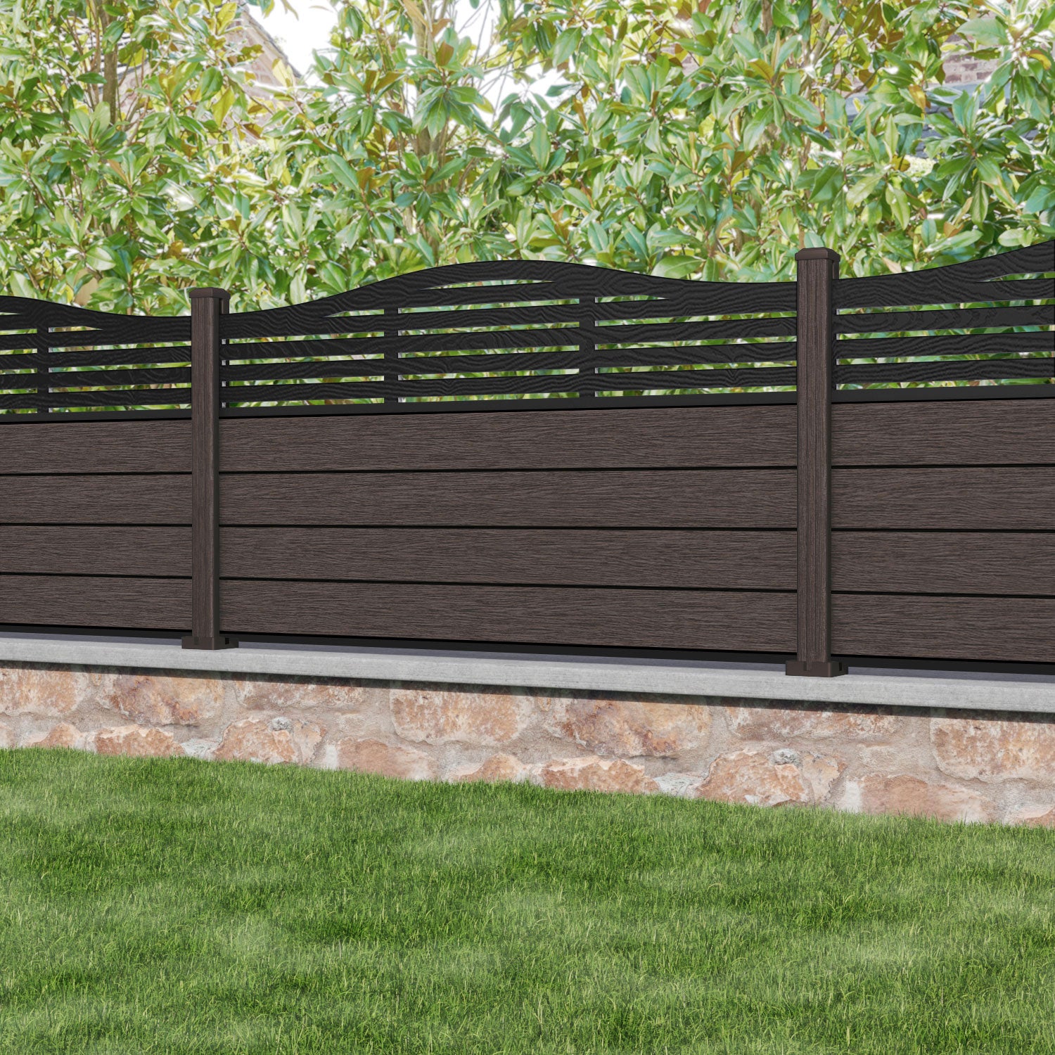 Fusion Aspen Curved Top Fence Panel - Mid Brown - with our composite posts